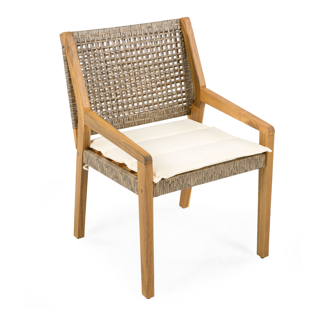 Outdoor Dining Set – Premium Acacia Wood Stamford Table & Wicker Chairs with Cream Cushion for Comfortable Dining Experience,Suitable for large gatherings(1 Table + 4 Chairs)