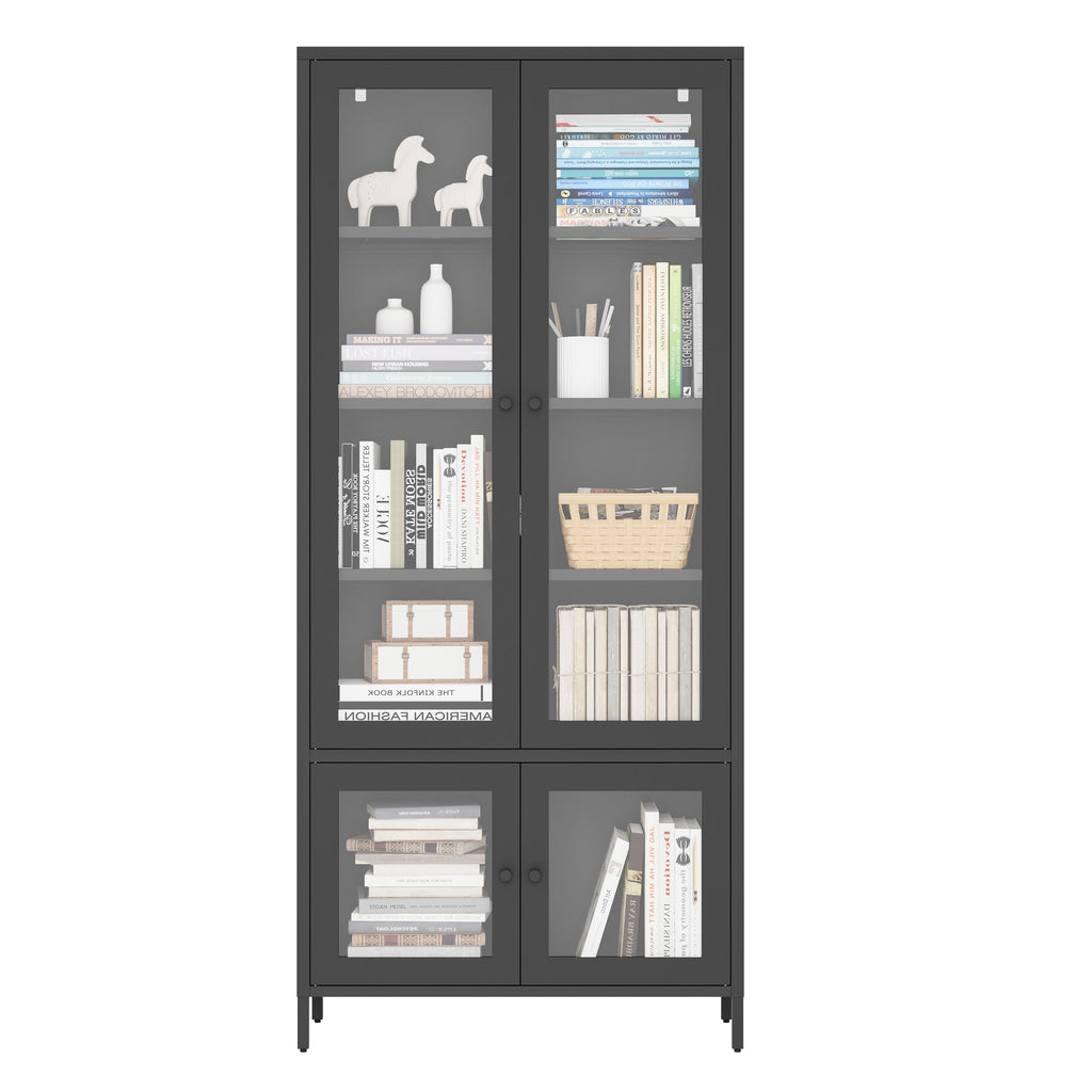 Large Metal Storage Cabinet Display Cabinet with 4 Glass Doors 5 Shelves Side Cabinet Bookcase Freestanding Cabinet for Bedroom Living Room Pantry Home Office - Black, Reinforced Tempered Glass