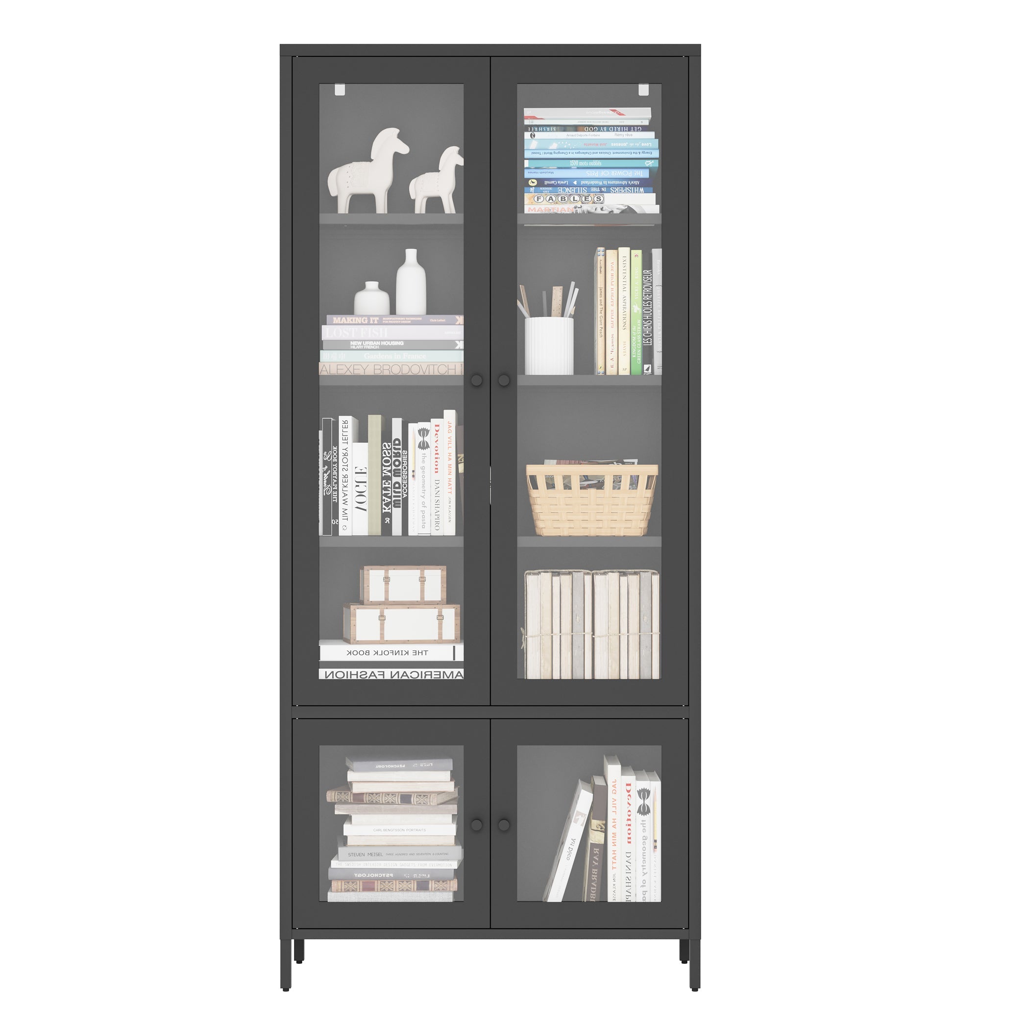 Large Metal Storage Cabinet Display Cabinet with 4 Glass Doors 5 Shelves Side Cabinet Bookcase Freestanding Cabinet for Bedroom Living Room Pantry Home Office - Black, Reinforced Tempered Glass