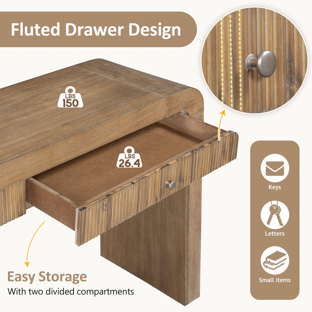 TREXM Rustic Console Table with Fluted Drawer Front, Entryway Table with Curved Corners & Thick Legs, Sturdy Sofa Table for Hallway & Living Room (Natural)