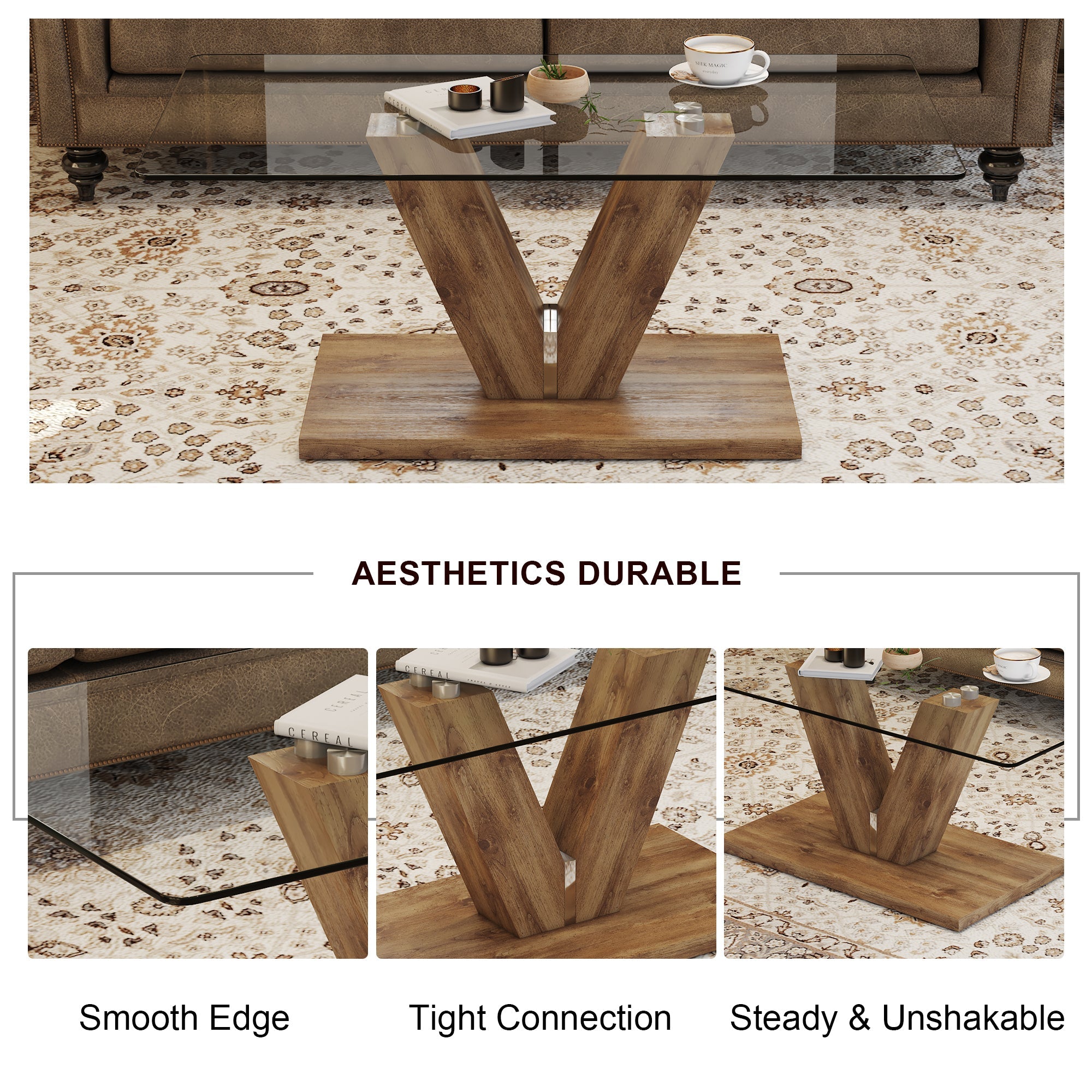 A modern minimalist style coffee table. Transparent tempered glass tabletop with wooden MDF columns. Suitable for living room and dining room.  CT-V