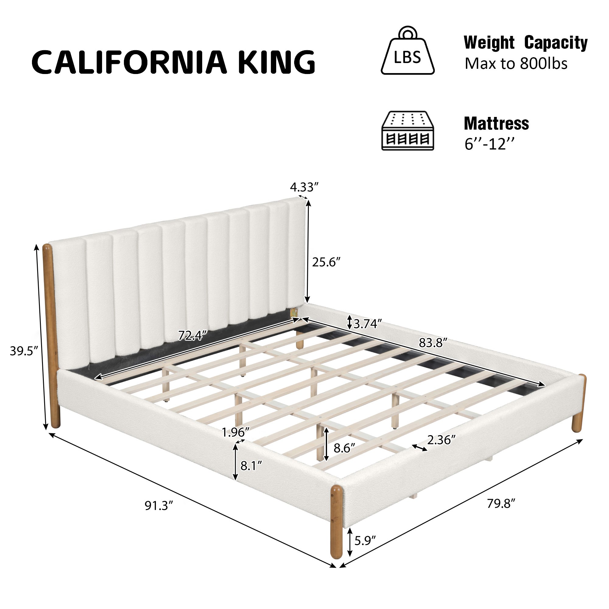 California King Size Bed Frame with Boucle Upholstered Thick Headboard, Solid Wooden Legs, White