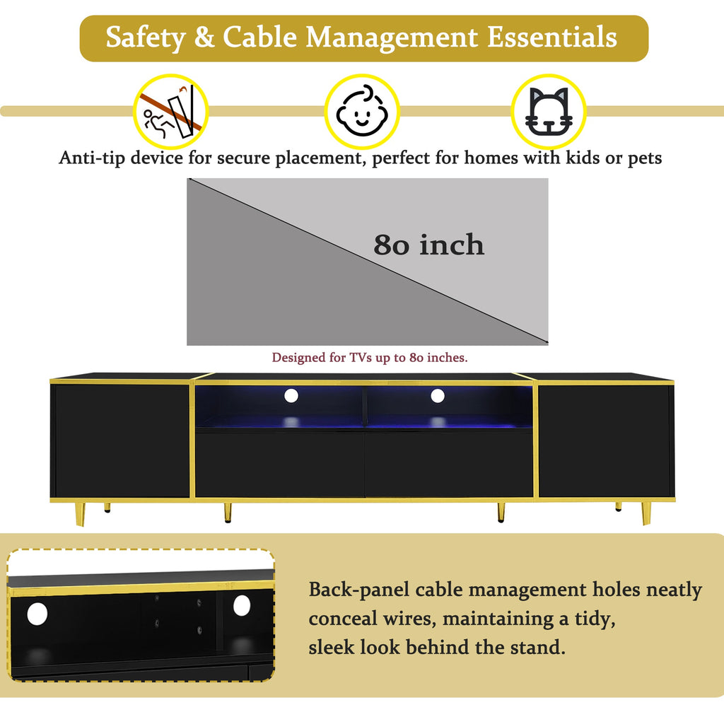 U-Can 70.9'' Modern TV Stand for TVs up to 80 Inches, Entertainment Center with 2 Shelves and  LED Lights, TV Storage Cabinet with 2 Drawers, 2 Cabinets and Metal Legs for Living room