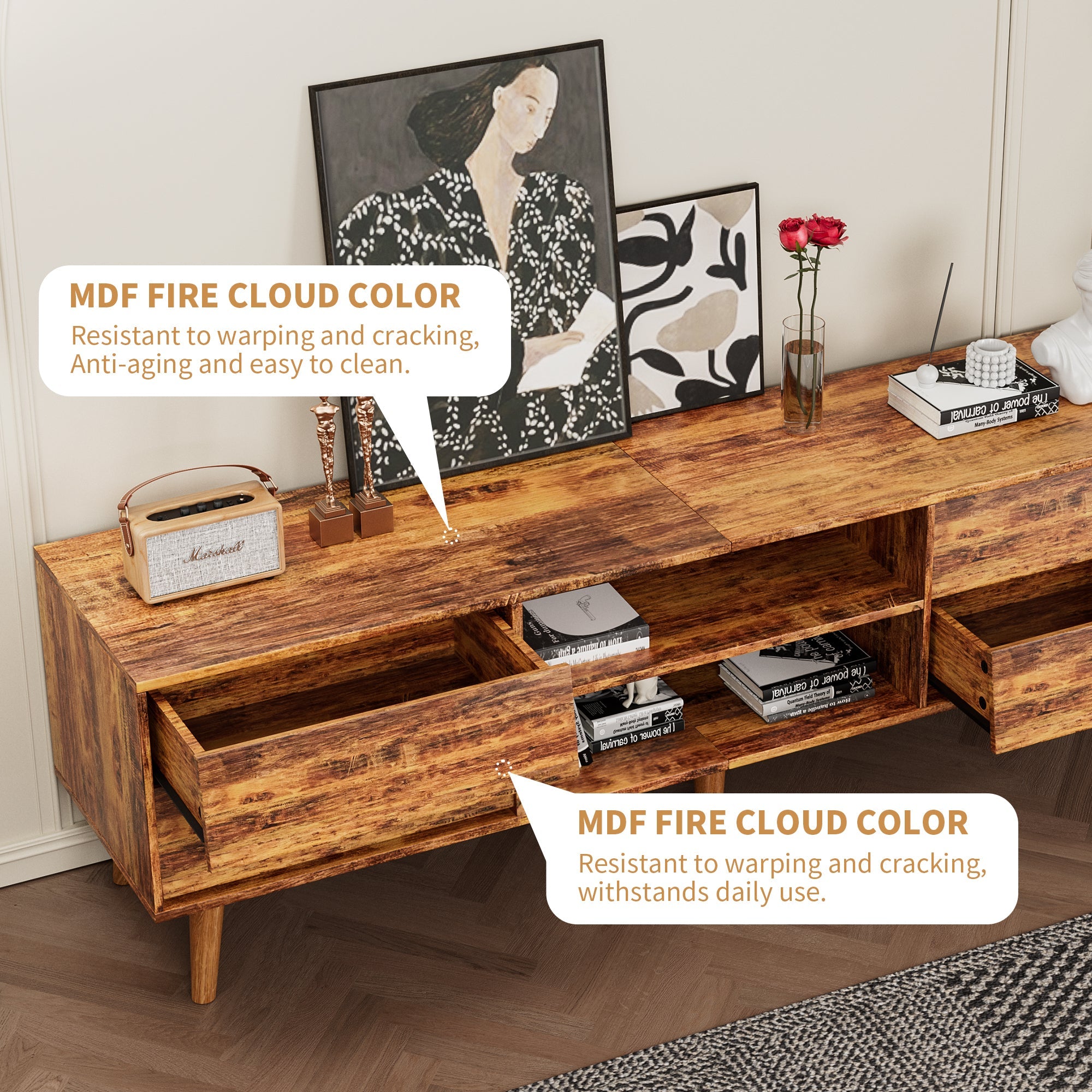 63 Inch TV Stand Features Vintage-style and Bevel Design, TV Stand with Drawers, Entertainment Center for Living Room Bedroom, TV Media Console