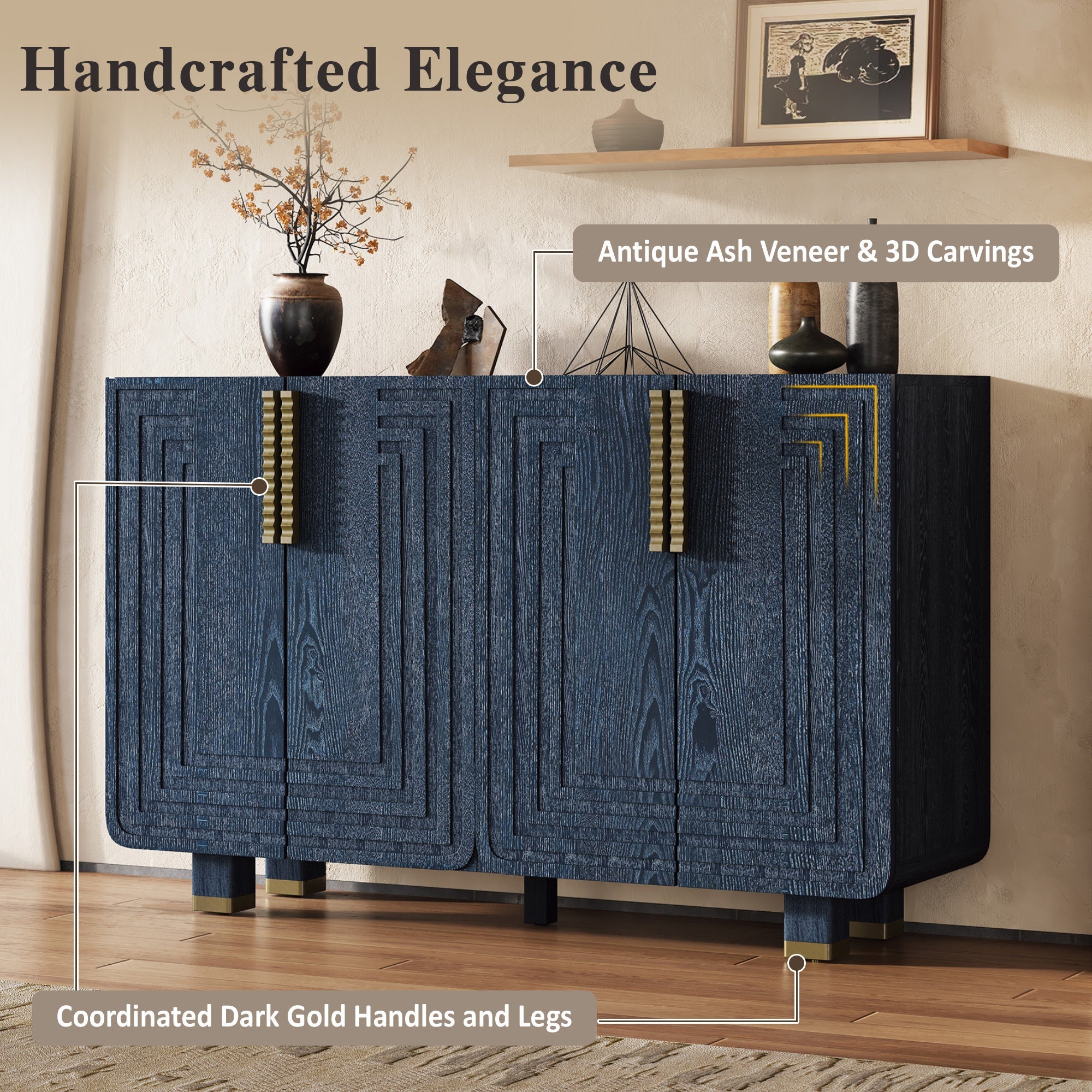 TREXM 54' Retro Buffet Cabinet with Storage, 4-Door Vintage Fluted Sideboard Cabinet with Adjustable Shelves for Dining Room, Kitchen, and Living Room (Antique Navy)