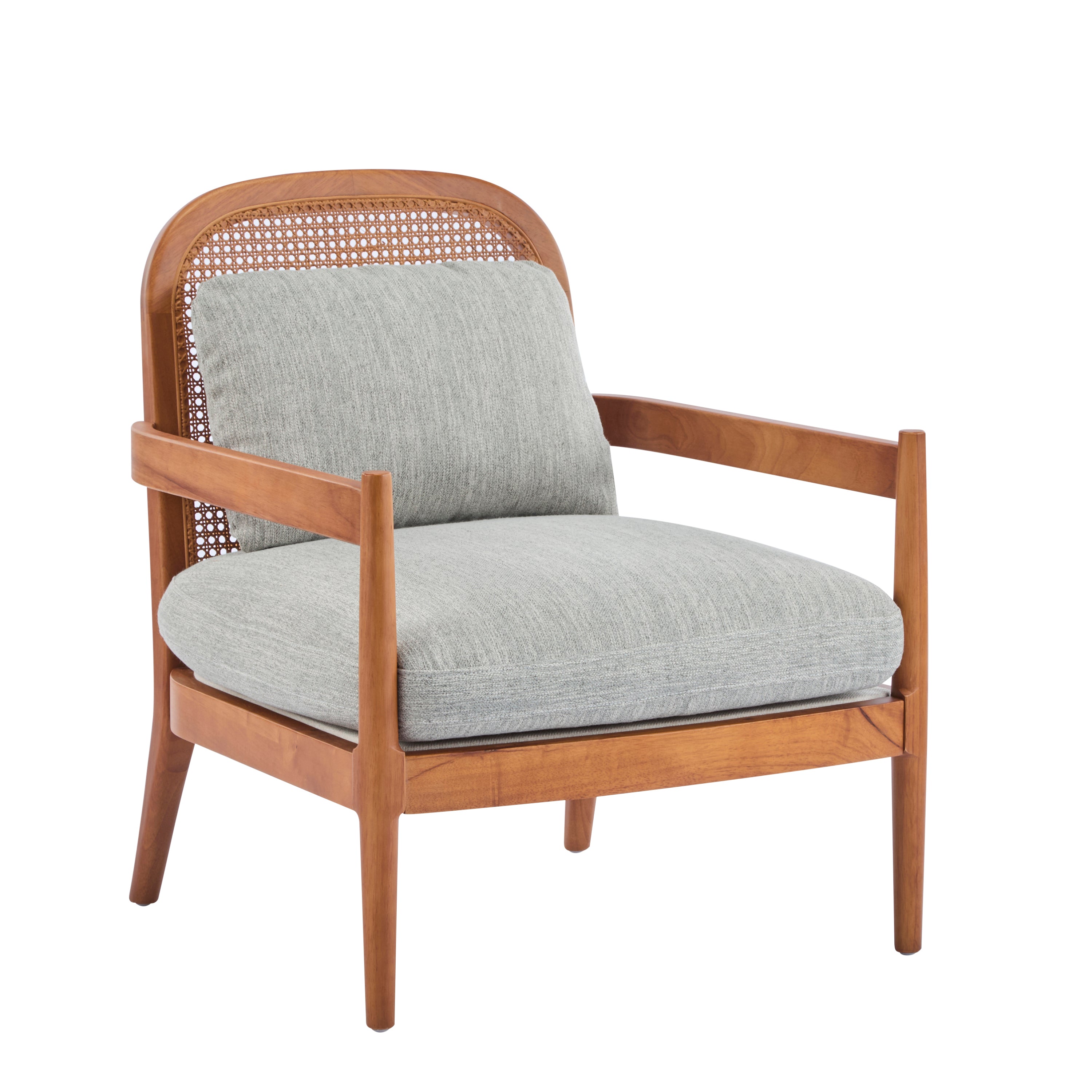 [Set of 2] 26.6' Mid-Century Modern Accent Chair with Walnut Finish Solid Wood Frame and Rattan Backrest, Greyish-Green Cushion, Comfy Armchairs for Living Room, Bedroom, Reading Nook