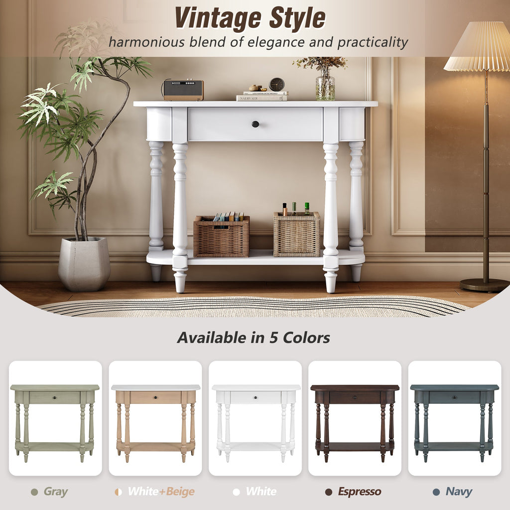 TREXM Narrow Console Table with Curved Corner, Retro Entryway Table with Top Drawer and Open Shelf, Sofa Table Console Tables for Entryway, Hallway and Living Room (White)