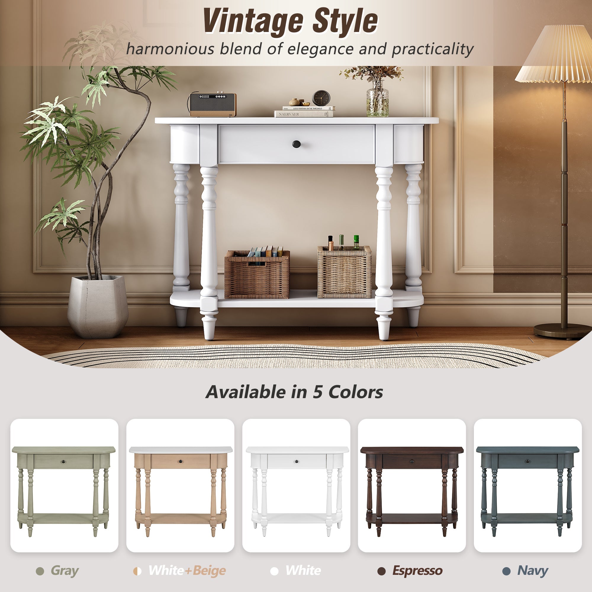 TREXM Narrow Console Table with Curved Corner, Retro Entryway Table with Top Drawer and Open Shelf, Sofa Table Console Tables for Entryway, Hallway and Living Room (White)