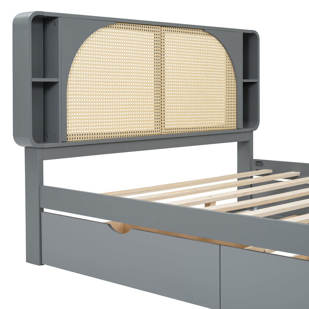 Queen Size Rattan Headboard Bed with Two Drawers and Trundle, Gray