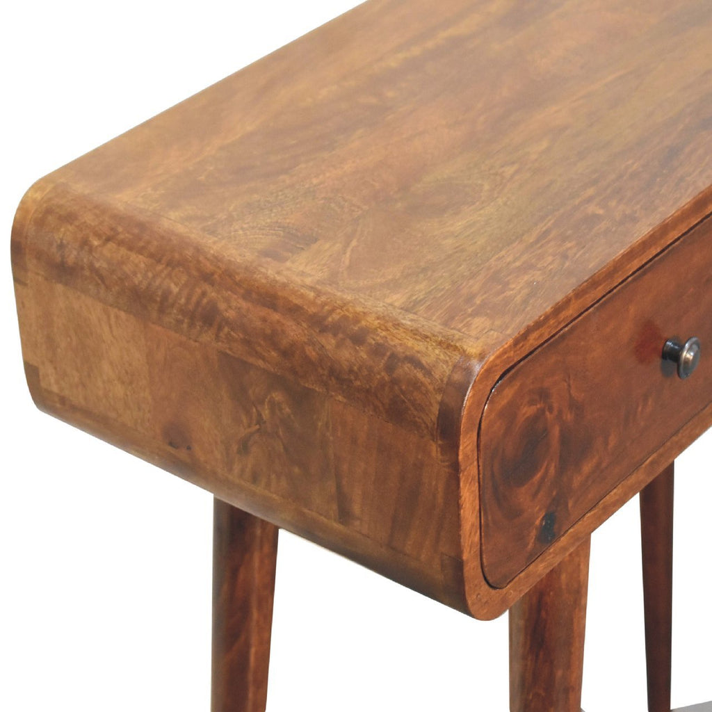 Solid Wood Chestnut Curved Hallway Table, 2-Drawers, Nordic Legs, Dark Brown