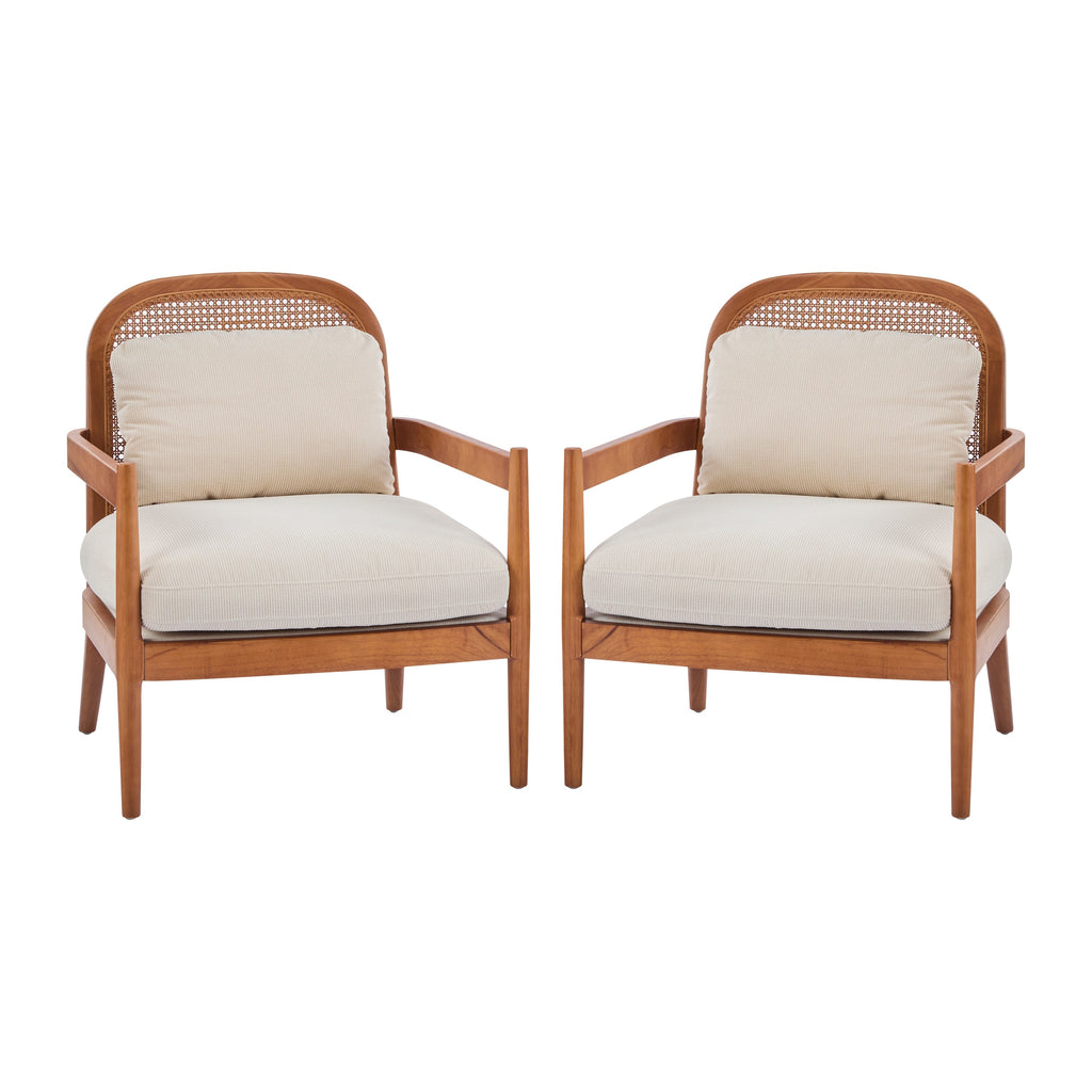 [Set of 2]  26.6' Mid-Century Modern Accent Chair with Walnut Finish Solid Wood Frame and Rattan Backrest, Beige Cushion with Striped Fabric,  Comfy Armchairs for Living Room, Bedroom, Reading Nook