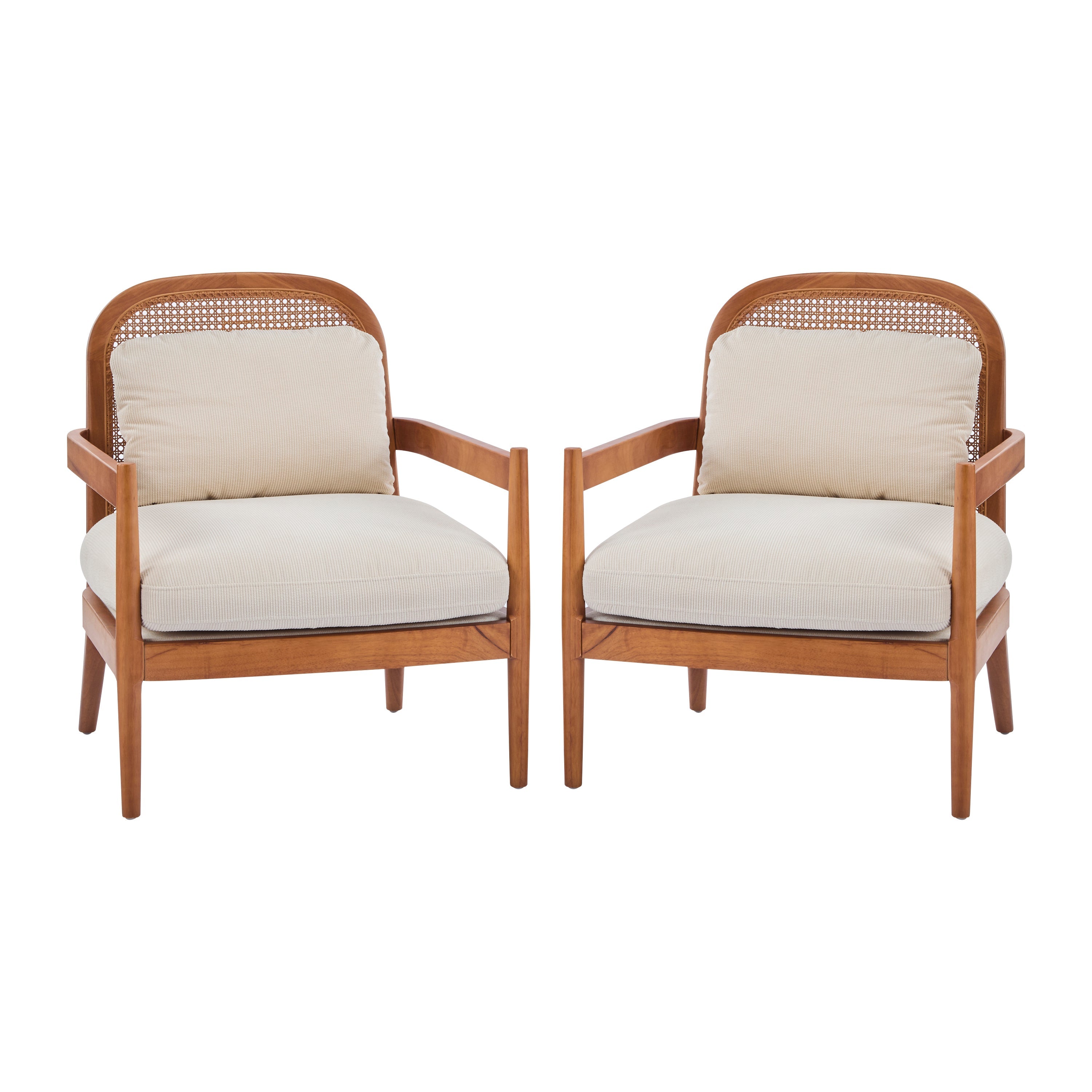 [Set of 2]  26.6' Mid-Century Modern Accent Chair with Walnut Finish Solid Wood Frame and Rattan Backrest, Beige Cushion with Striped Fabric,  Comfy Armchairs for Living Room, Bedroom, Reading Nook