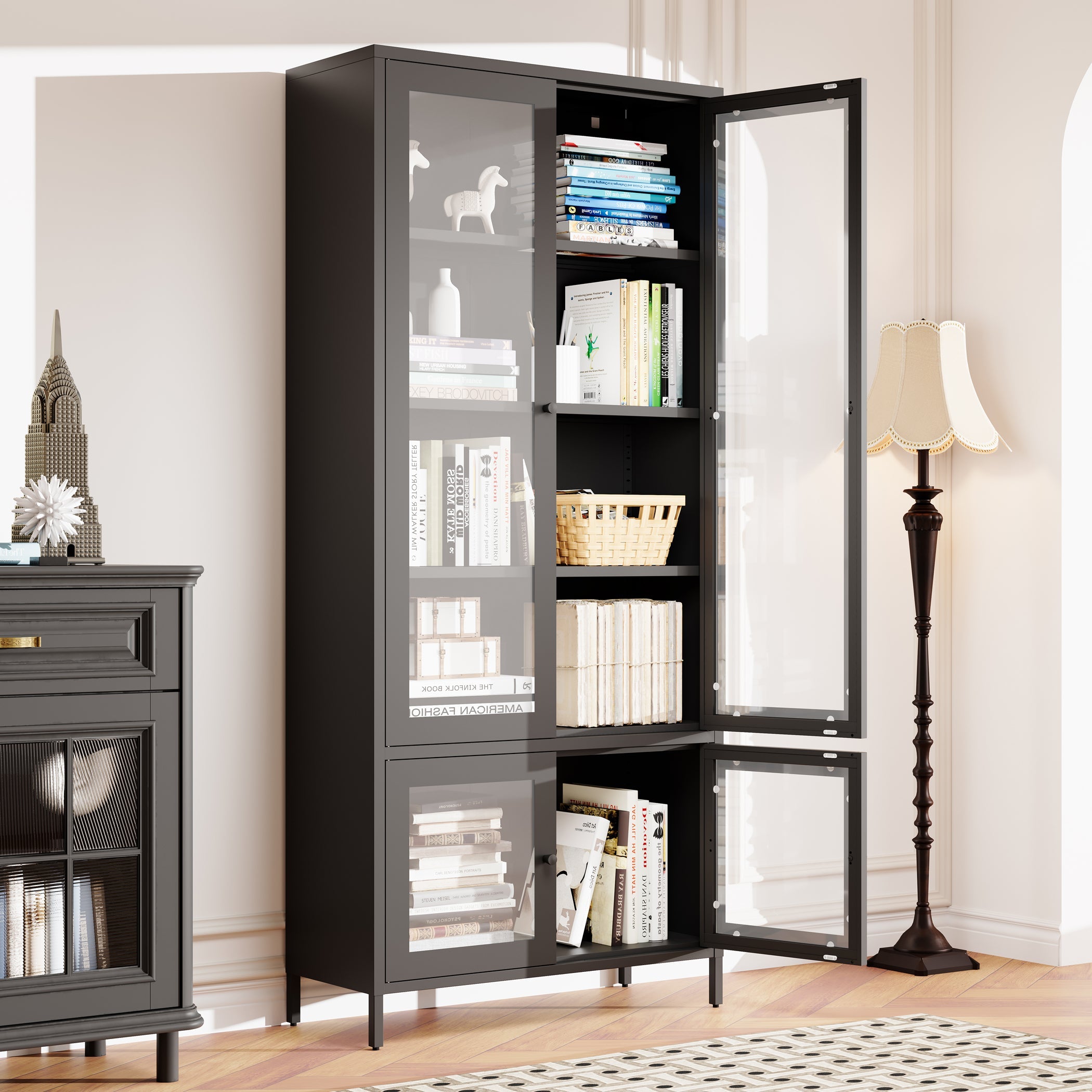 Large Metal Storage Cabinet Display Cabinet with 4 Glass Doors 5 Shelves Side Cabinet Bookcase Freestanding Cabinet for Bedroom Living Room Pantry Home Office - Black, Reinforced Tempered Glass