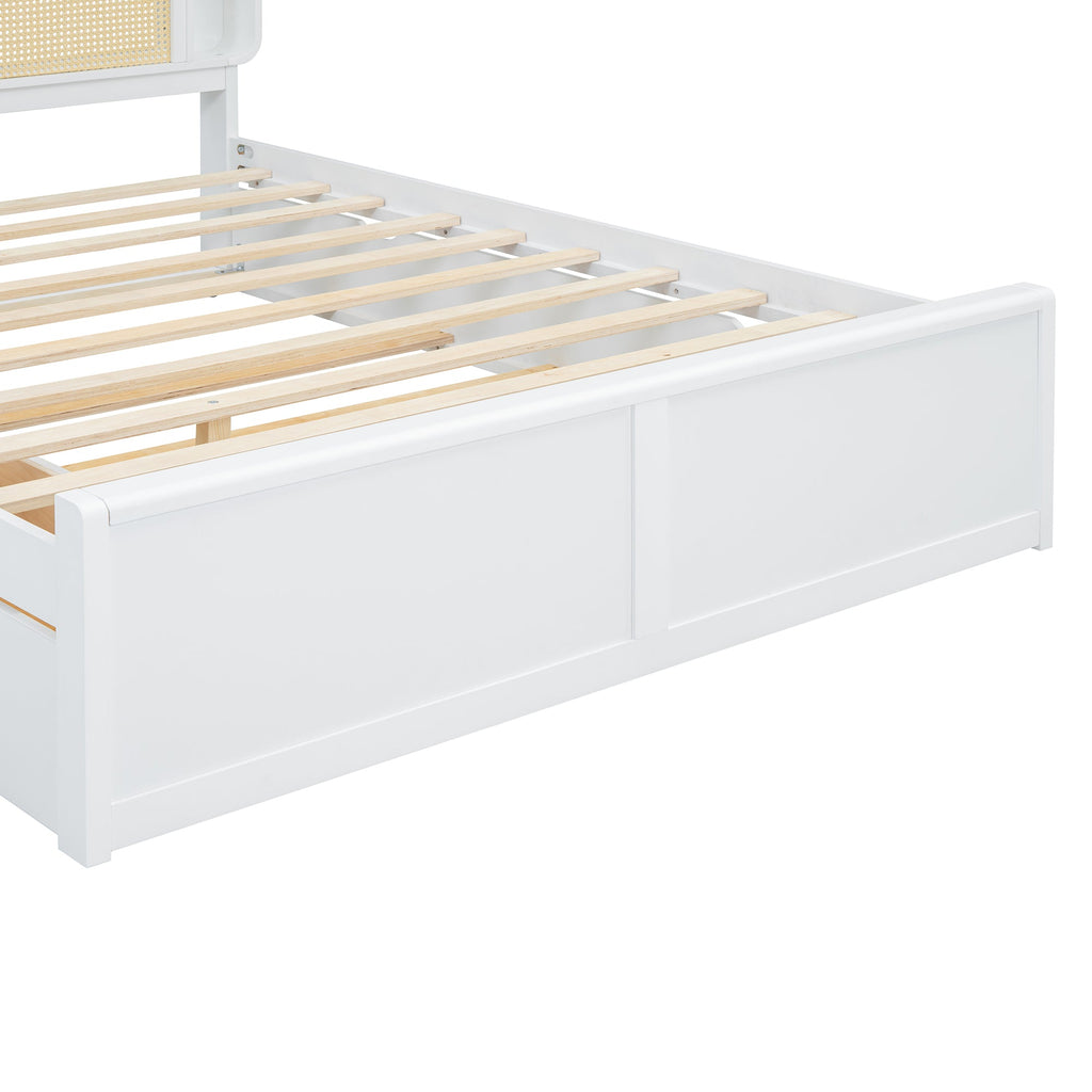 Queen Size Rattan Headboard Bed with Two Drawers and Trundle, White