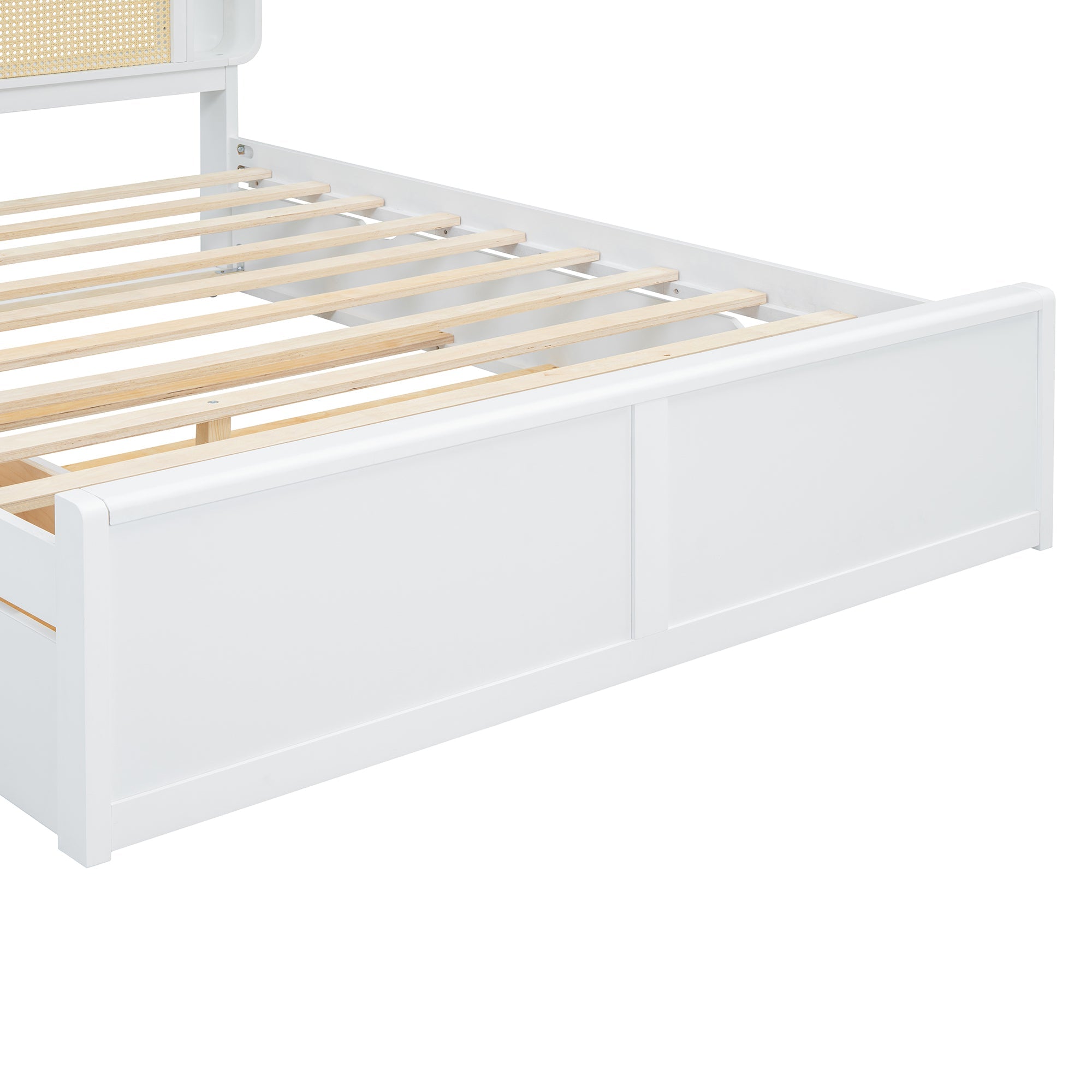 Queen Size Rattan Headboard Bed with Two Drawers and Trundle, White