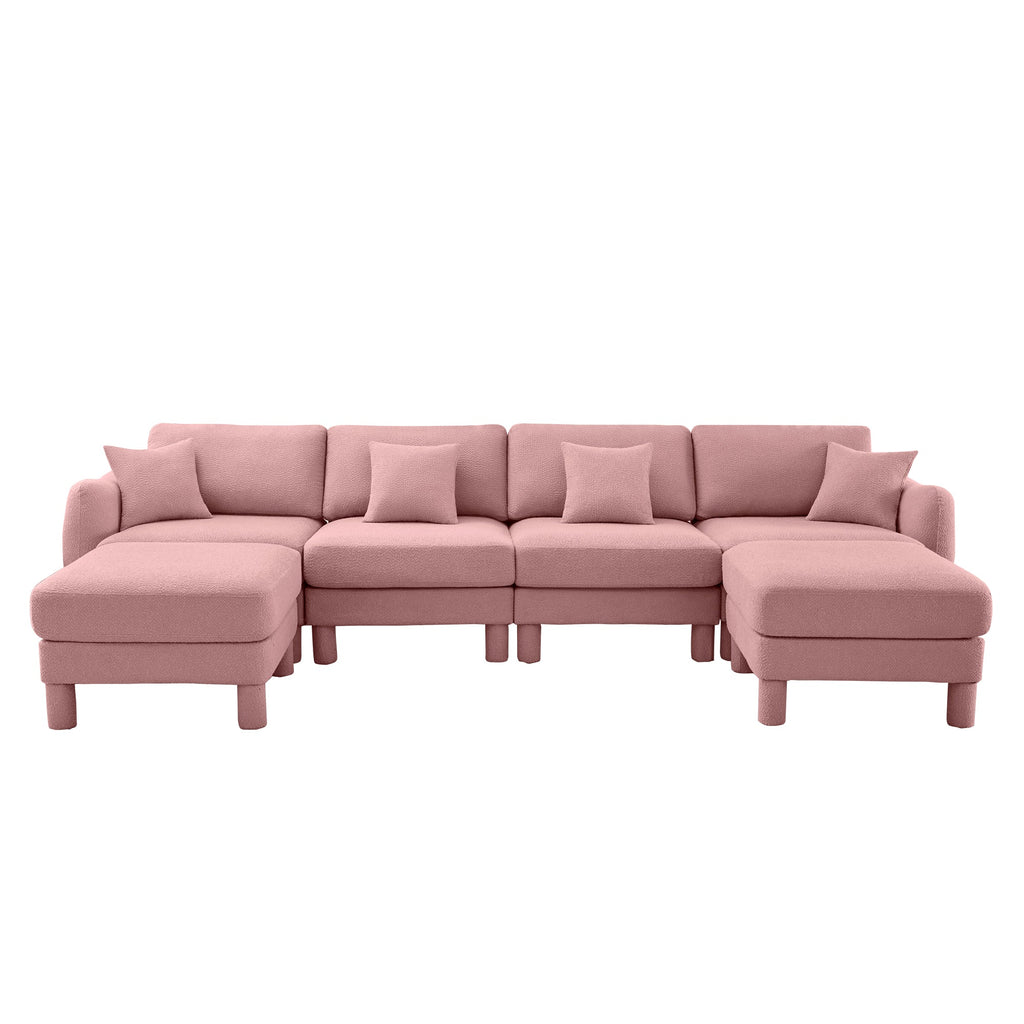 Boucle Fabric U Shape Sectional 4-seater Sofa Couch With Distinctive Shell-shaped Armrests And 2 Movable Ottomans,Cylindrical Legs Wrapped with Self-fabric,Pink Color