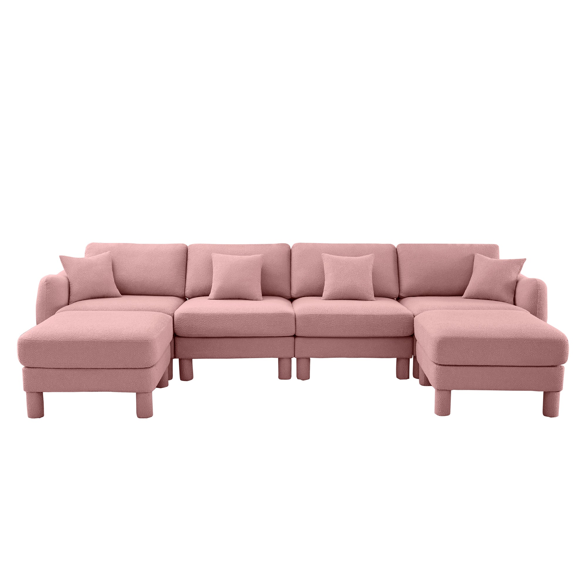 Boucle Fabric U Shape Sectional 4-seater Sofa Couch With Distinctive Shell-shaped Armrests And 2 Movable Ottomans,Cylindrical Legs Wrapped with Self-fabric,Pink Color
