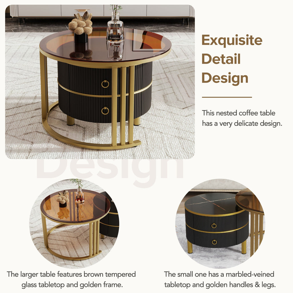 ON-TREND Φ27.5'' & Φ19.6'' Stackable Coffee Table with 2 Drawers, Nesting Tables with Brown Tempered Glass and High Gloss Marble Tabletop, Set of 2, Round Center Table for Living Room, Black