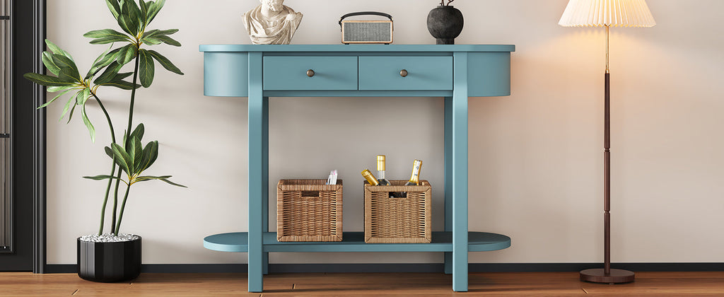 TREXM Elegant Retro Console Table with Curved Design and Smooth Glaze for Entryways, Living Rooms and hallways (Turquoise Green)