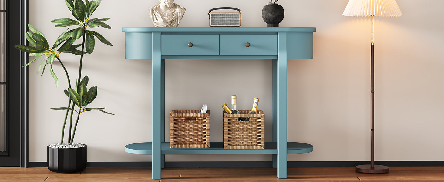 TREXM Elegant Retro Console Table with Curved Design and Smooth Glaze for Entryways, Living Rooms and hallways (Turquoise Green)