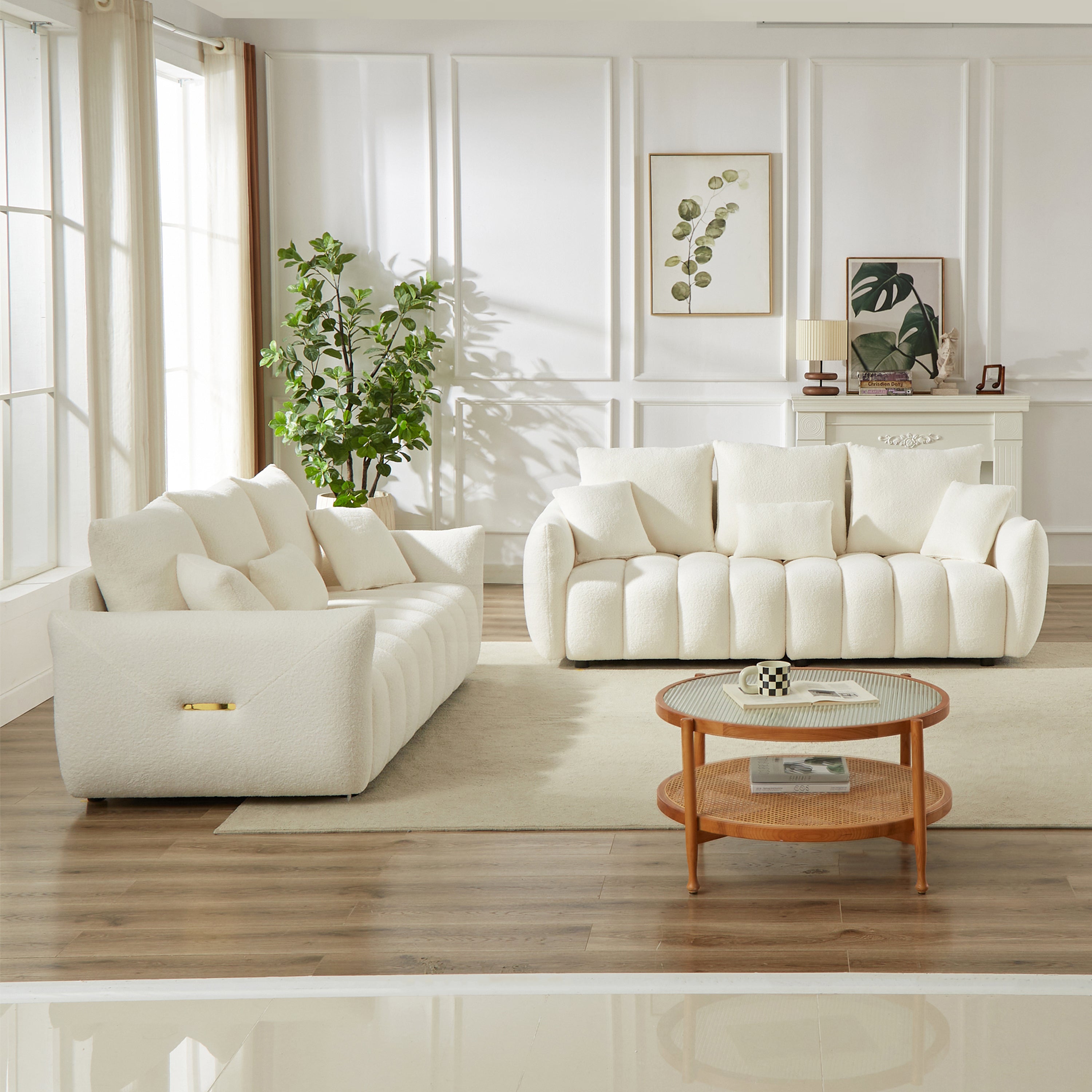 3 Seater + 3 Seater Combo Sofa Modern Living Room Sofa, Teddy Sofa, Wooden Frame, 6 Cushions, Apartment Sofa Furniture