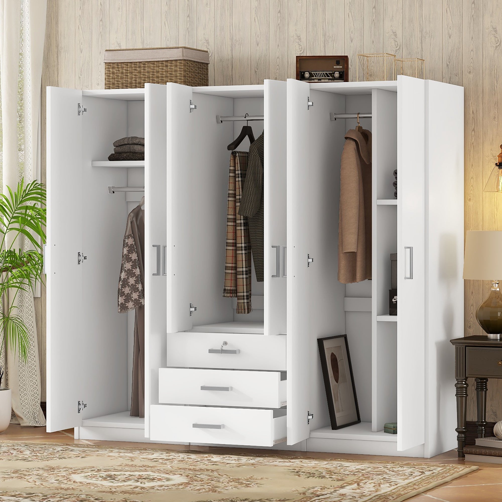 6-Doors Wooden Wardrobe Storage for Bedroom, with Big Drawers, White