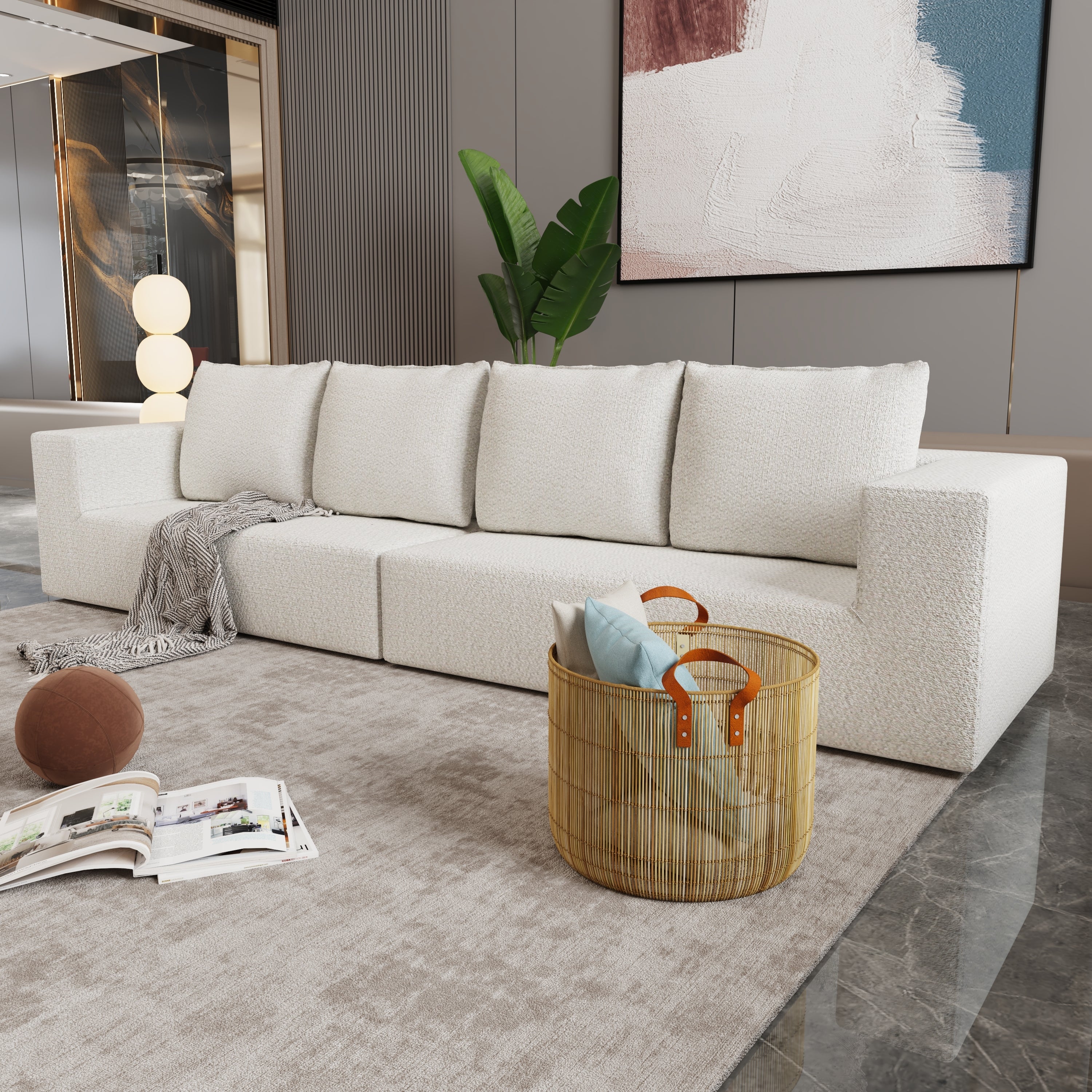 Four seater combination sofa, sofa bed, made of high-density sponge and soft linen fabric, with multiple combination methods (beige)