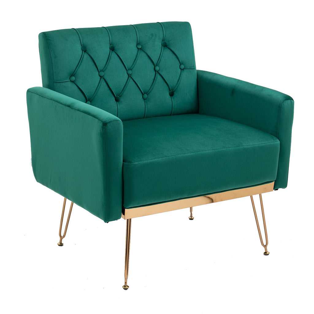 COOLMORE Velvet Armchair Single Sofa Modern Tufted Upholstered Side Reading Chairs with Arm and Gold Metal Leg for Living Room Bedroom (Green)