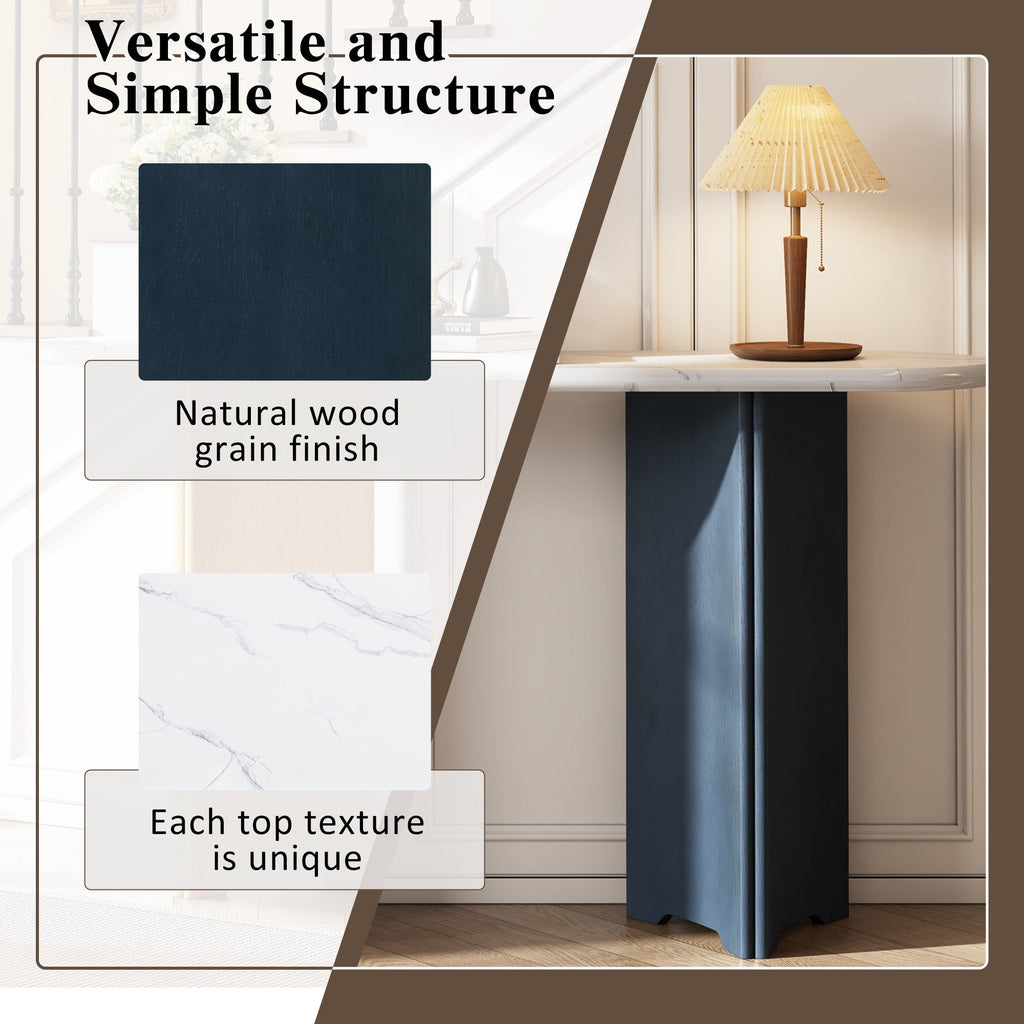 TREXM Narrow Console Table, Entryway Table with Oval Faux Marble Top, Rustic Sofa Table with Curved Legs, Hallway Accent Table for Entrance and Living Room (Navy+White)