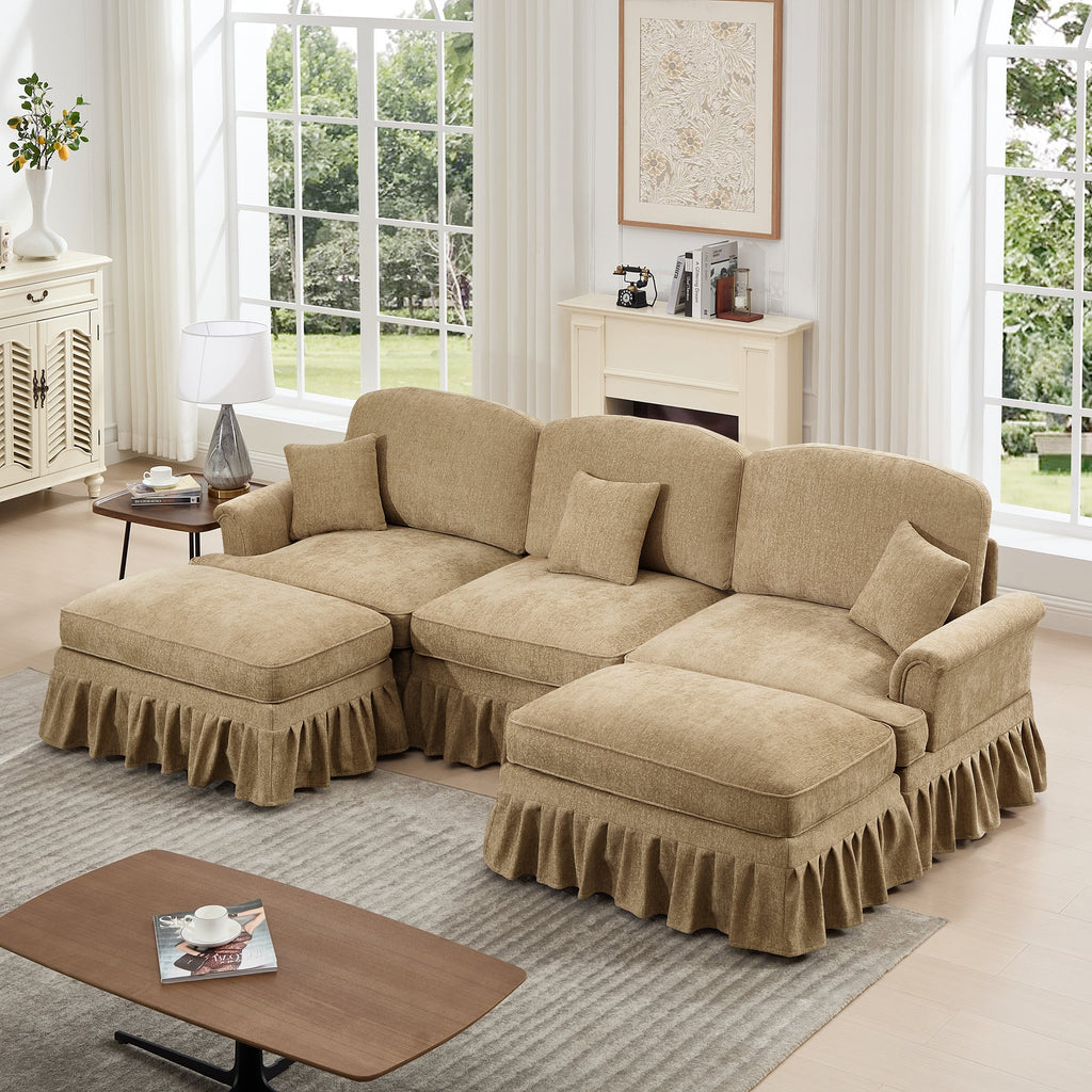 Classic Comfy Modular U Shape Sectional Sofa Couch with Flared Arms and Removable Ruffles Pleats Skirts and Spindle Legs, Upholstered Chenille Deep Seat Cloud Sofa with Movable Ottomans, Light Coffee