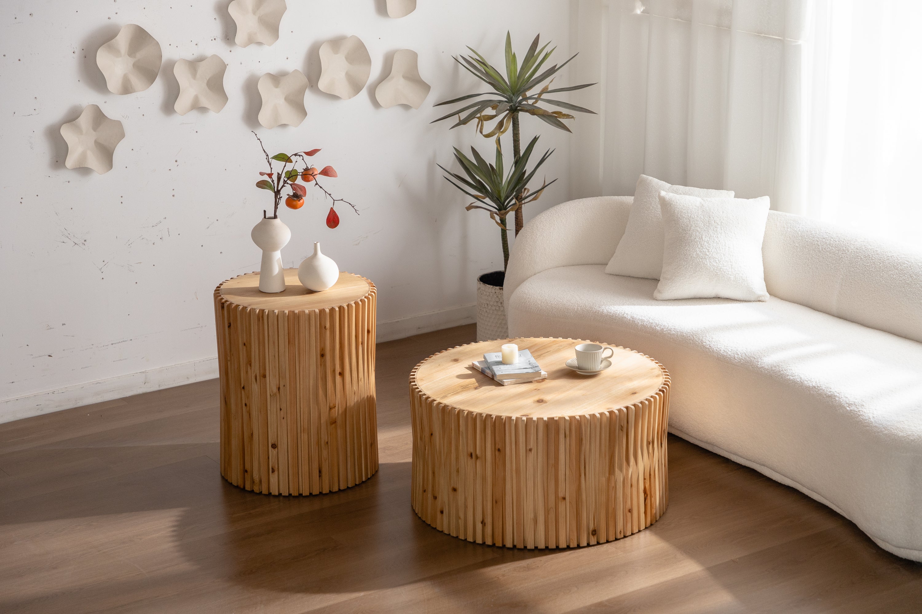 Retro Fashion Style Cylindrical Coffee Table with Vertical Texture Relief Design,Suitable for Living Room,Office,and Dining Room (Set of 2)