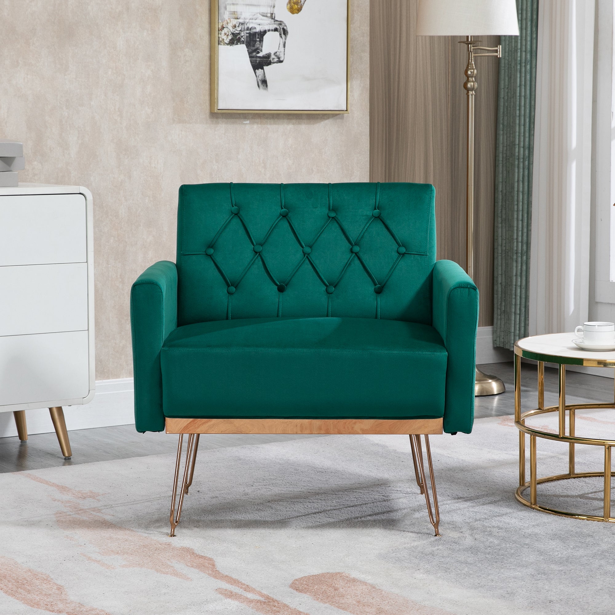 COOLMORE Velvet Armchair Single Sofa Modern Tufted Upholstered Side Reading Chairs with Arm and Gold Metal Leg for Living Room Bedroom (Green)
