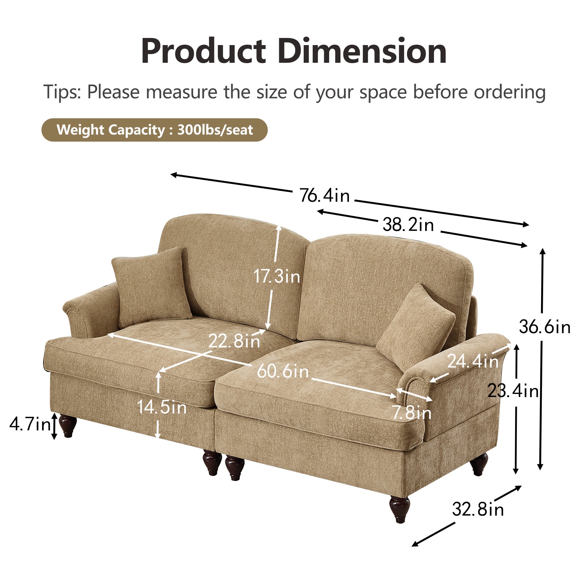 Classic 2 Piece Modular Couch Living Room Sofa Set with Flared Arms and Removable Ruffles Pleats Skirts and Spindle Legs, 3 Seater Sofa + 2-Seat Loveseat Sofa Sets for Living Room, Light Coffee