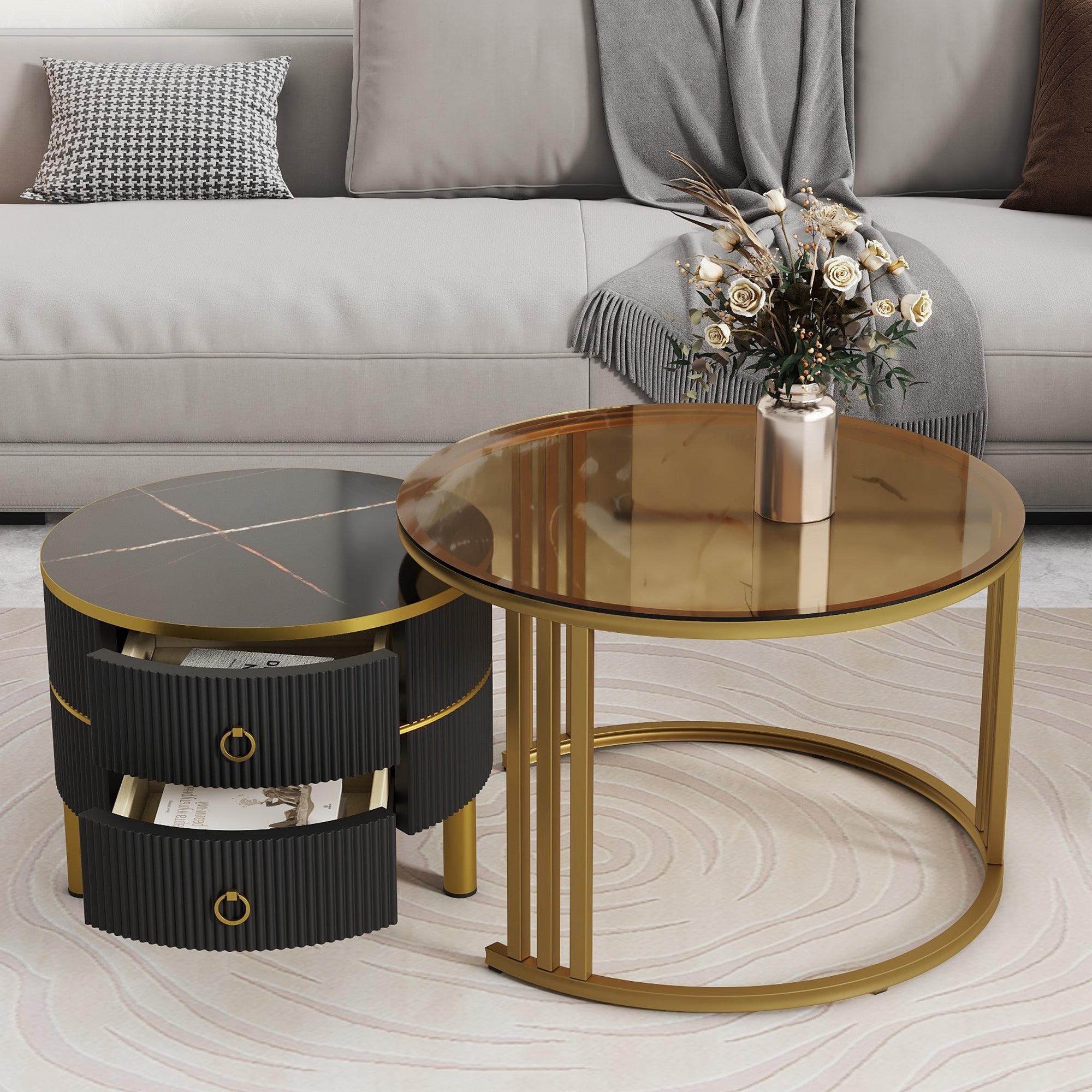 ON-TREND Φ27.5'' & Φ19.6'' Stackable Coffee Table with 2 Drawers, Nesting Tables with Brown Tempered Glass and High Gloss Marble Tabletop, Set of 2, Round Center Table for Living Room, Black
