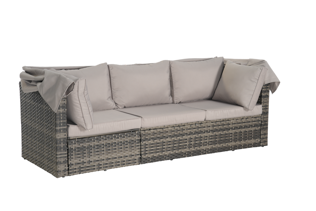 5 Pieces Outdoor Patio Wicker Daybed Furniture Set with Retractable Canopy, Storable Side Table, and Soft Cushions for Relaxing in Your Backyard or Porch