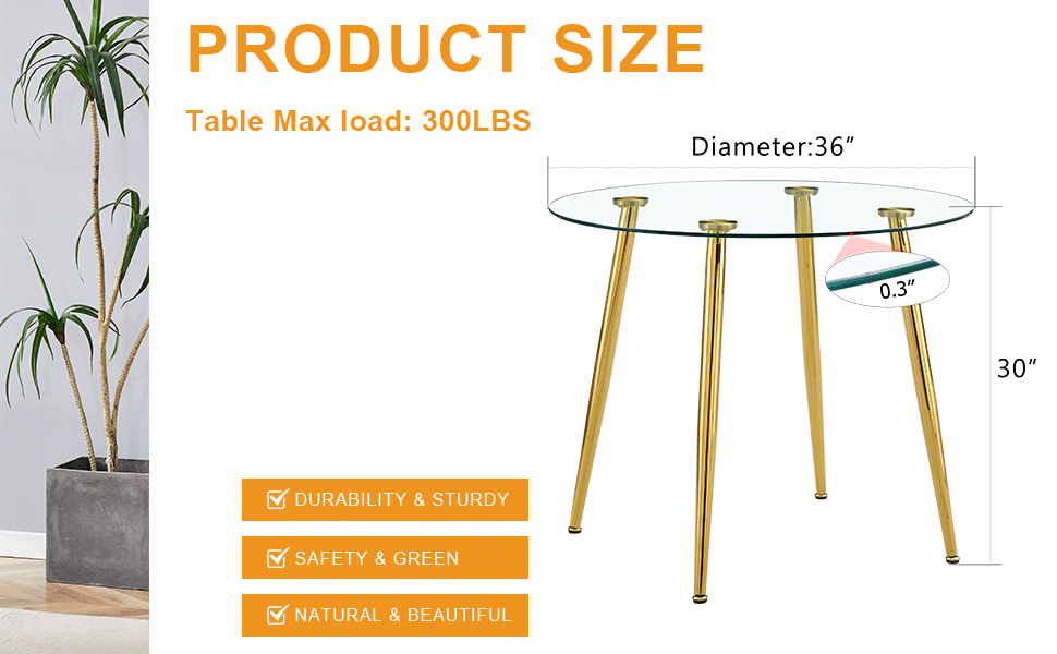 Round dining table with glass top, gilded metal legs, exquisite living, starting from the details, the gold legs show an extraordinary texture, which is the finishing touch to your home.36*36