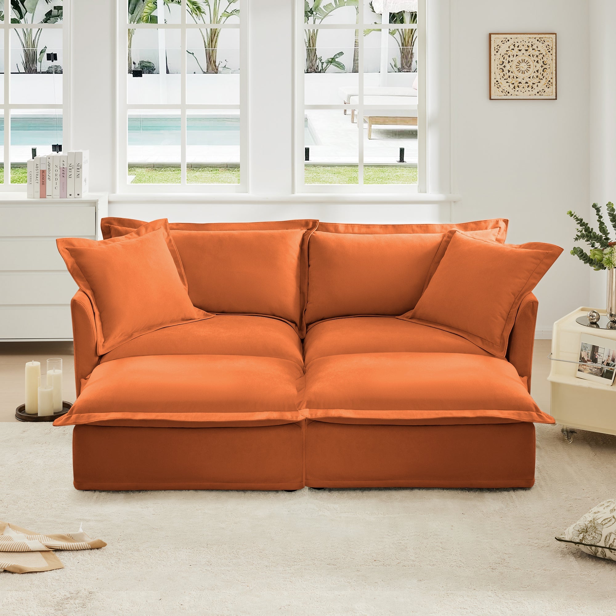Slipcovered Sofa 2 Seater Sofa    With 2 Ottomans, 2 Seater Sleeper Sofa Bed Home Theater Oversized Sofa For Living Room, Chenille, orange