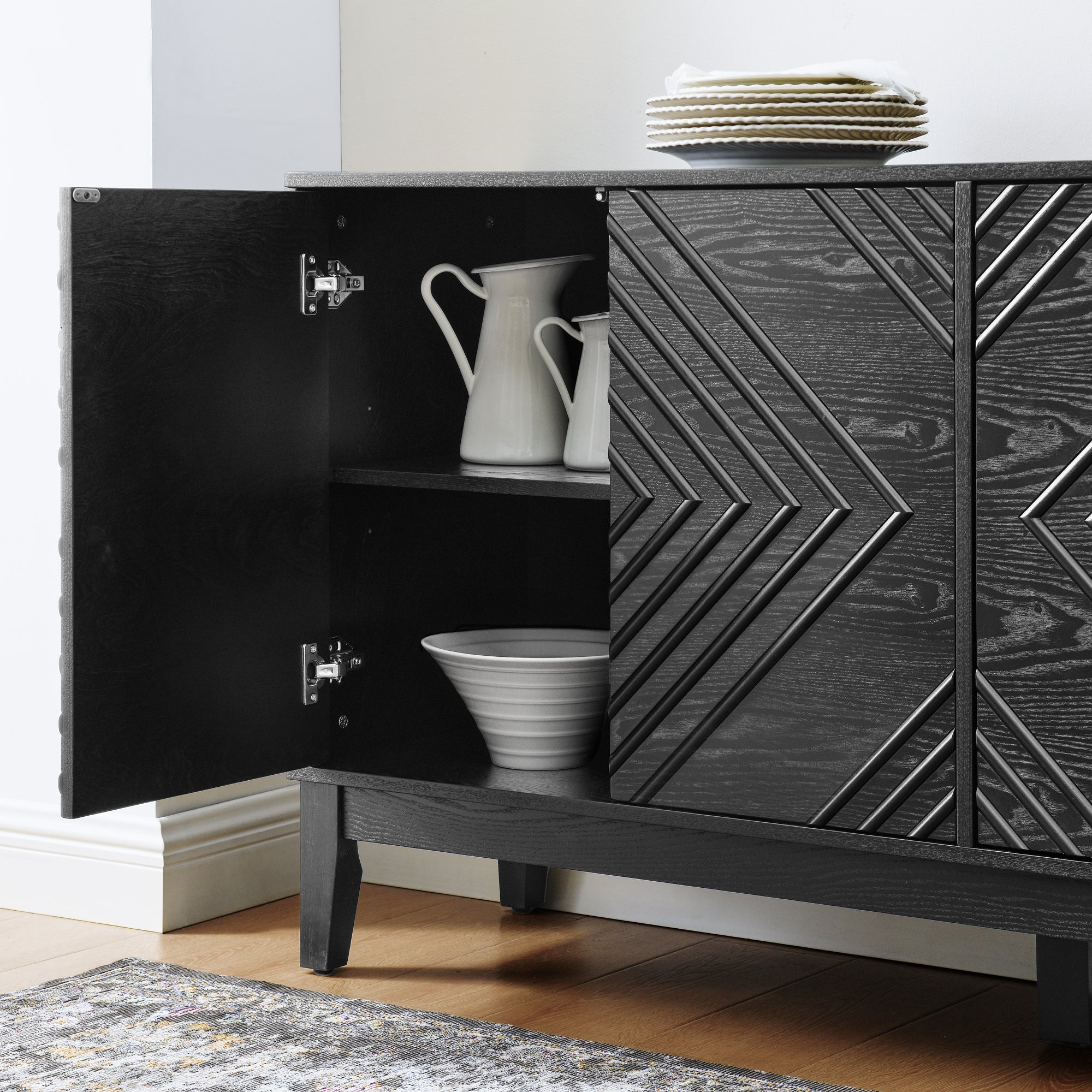 60.5'' Buffet Cabinet with Storage, Farmhouse Fluted Sideboard with Geometric Pattern & Adjustable Shelves, Mid Century Modern TV Stand for Living Room Kitchen Dining Room Entryway, Black
