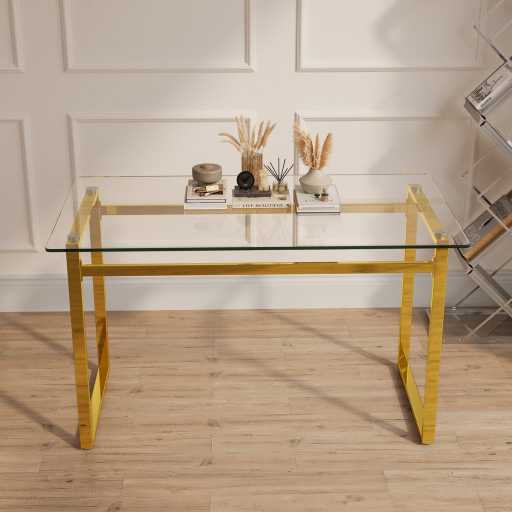 Modern Minimalist Rectangular Glass Dining Table with Tempered Glass Tabletop and Golden Chrome Metal Legs for 4-6