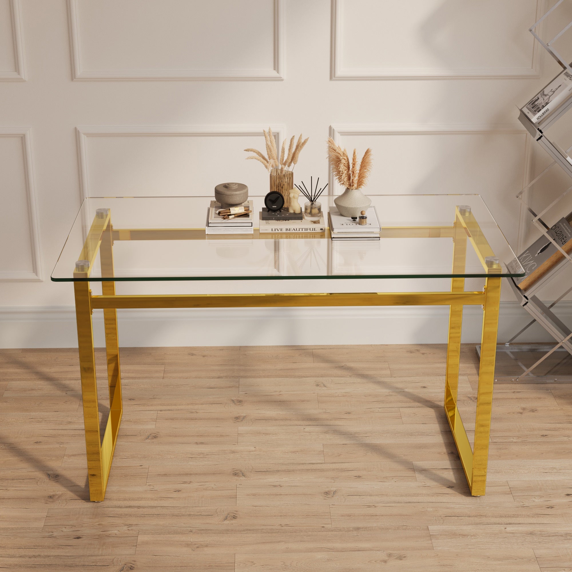 Modern Minimalist Rectangular Glass Dining Table with Tempered Glass Tabletop and Golden Chrome Metal Legs for 4-6