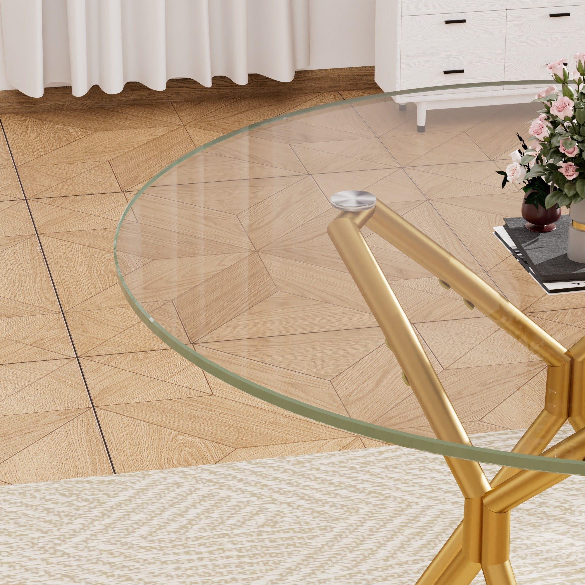 Modern Round Tempered Glass Dining Table with Sturdy Metal Legs for 1-4 People, Gold, 35.4 Inches