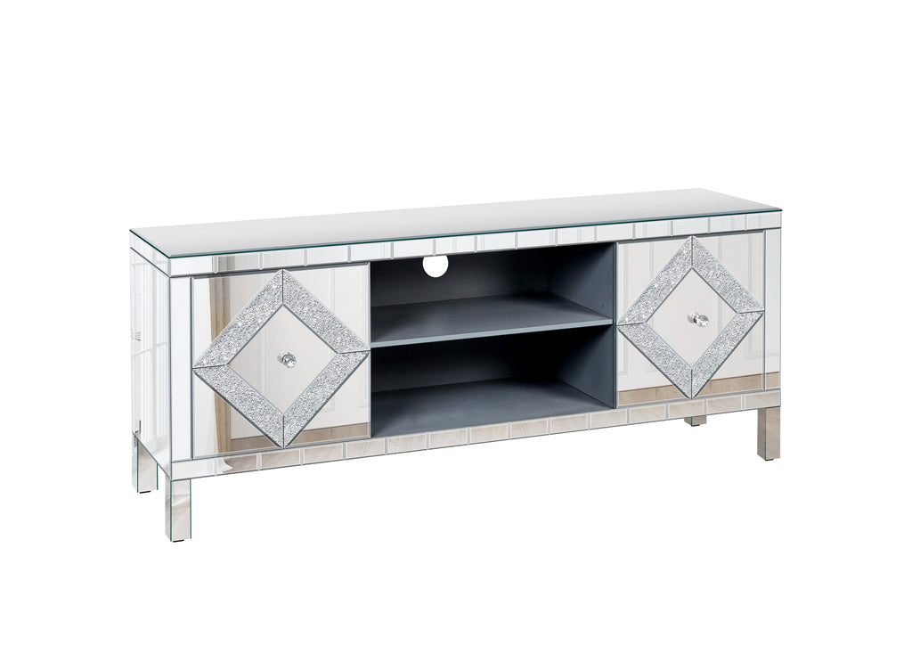 Mirrored TV Stand for 65+ inch TV,Sliver TV Console Table with Open Storage & 2 Storage Cabinets ,Diamond Shape Sparkling Mirror Doors for Living Room(59''W x 25.2''H x 15.7D)