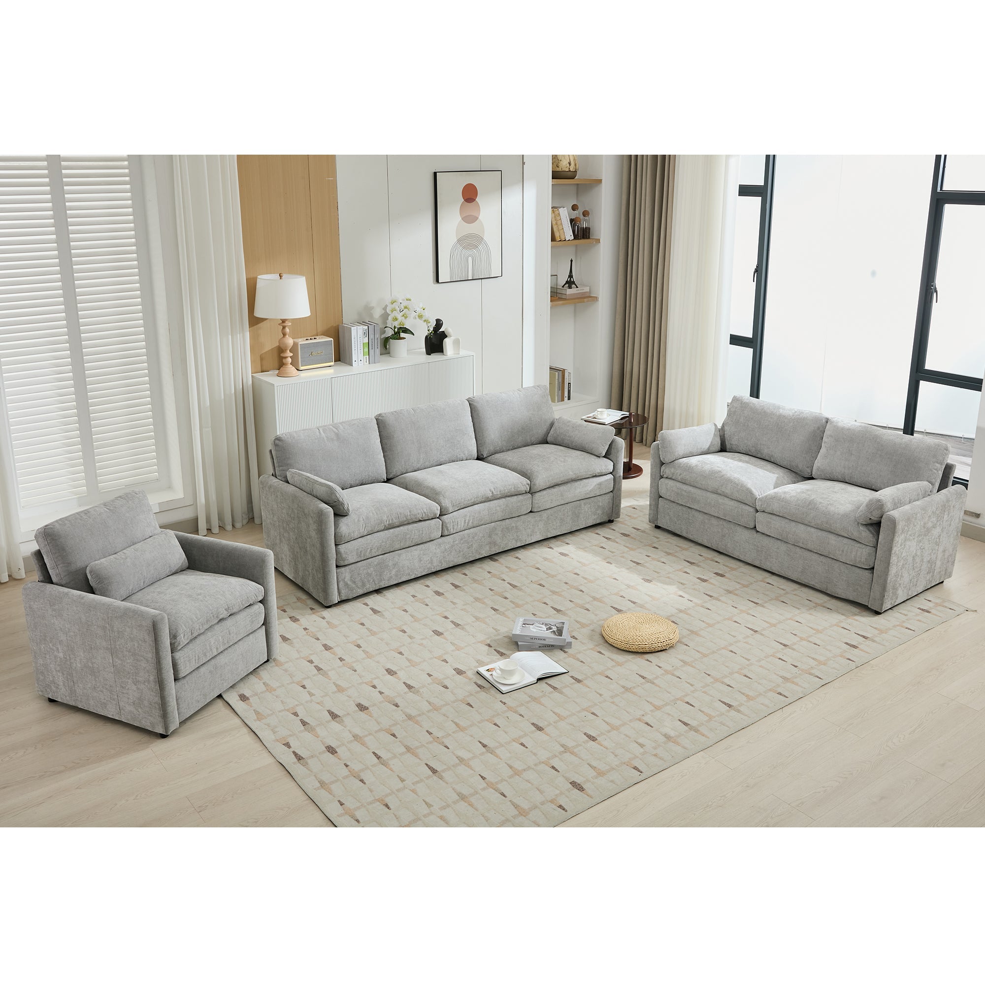 Cozy Upholstered Sofa Set Oversized Comfy Cloud Sofa Double Cushion Sofa Group Plush Cushion Sofa Couch for Living Room, Light Grey