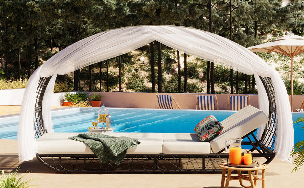 GO 90.55' Outdoor Patio Daybed with Curtain, Sunbed with Cushion and Colorful Pillow, Wicker Lounge Chairs Backrest Adjustable Recliners for Pool Garden Backyard, Beige Cushion, Black Wicker