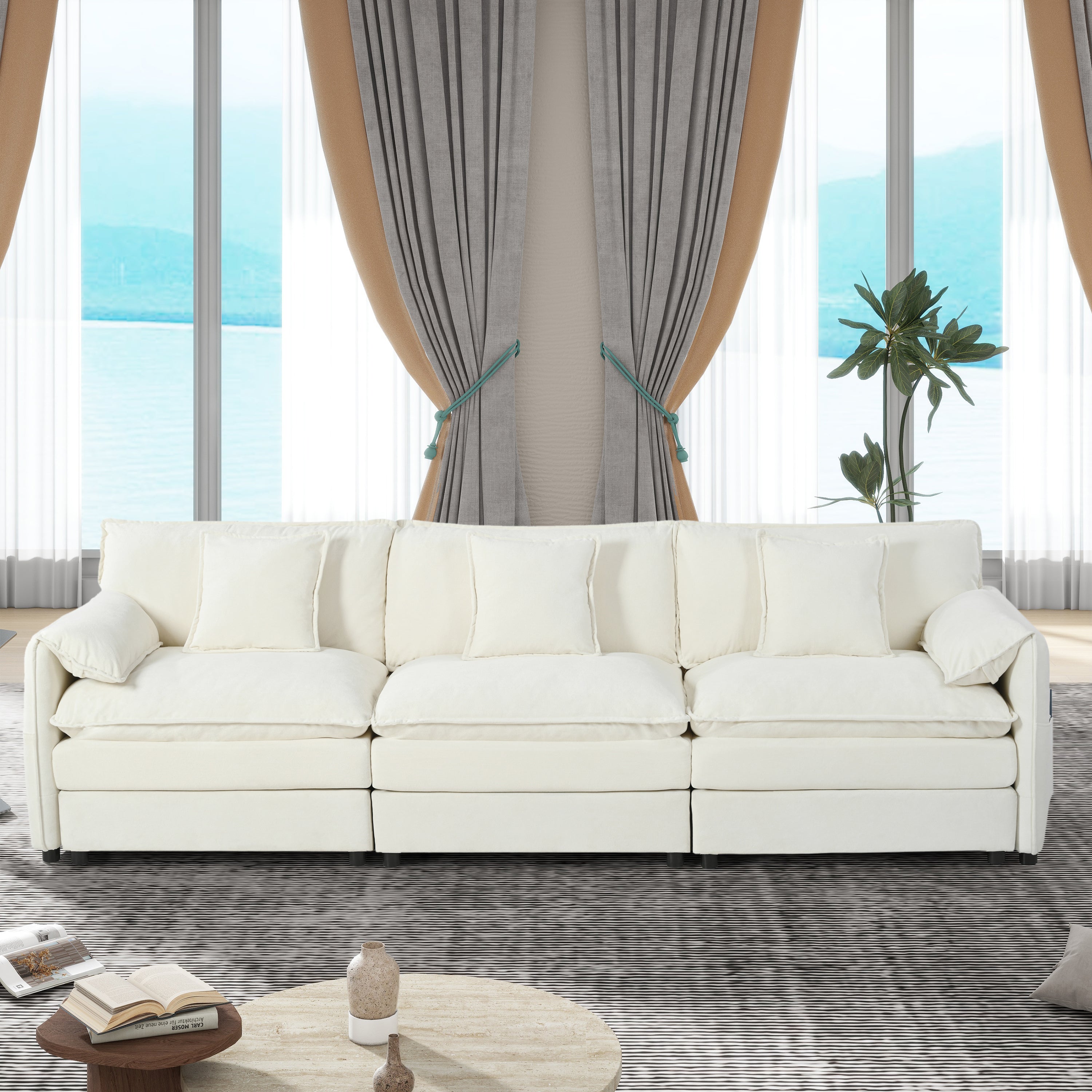 Oversized Deep Seat Sectional Sofa, Green Modern Chenille Cloud Couch, Large 3 Seater Modular Sofa with 3 Pillows for Living Room Bedroom Apartment Office,DIY Combination,Beige
