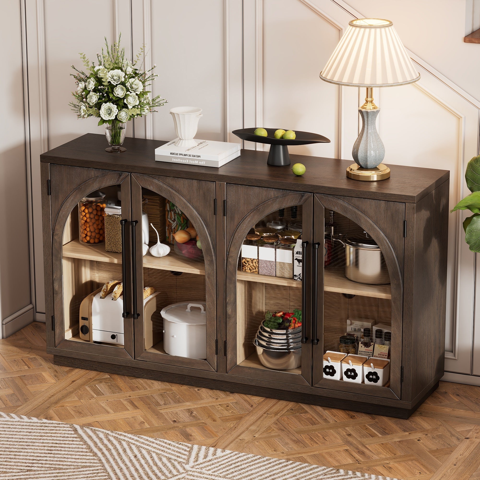 TREXM 4-Door Large Storage Sideboard Buffet Cabinet with Glass Doors, Arched Cabinet with Adjustable Shelves for Kitchen, Dining Room and Living Room (Espresso)