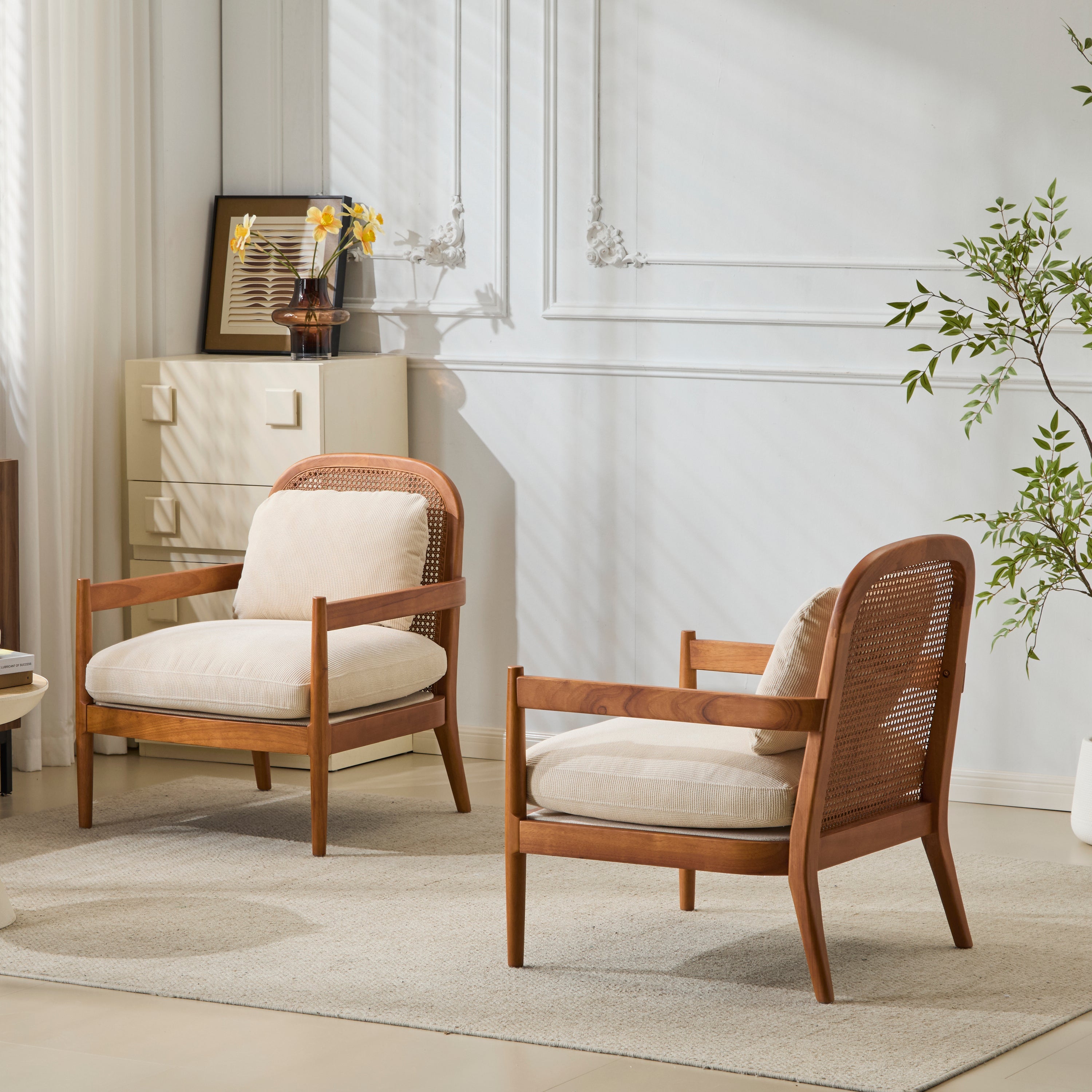 [Set of 2]  26.6' Mid-Century Modern Accent Chair with Walnut Finish Solid Wood Frame and Rattan Backrest, Beige Cushion with Striped Fabric,  Comfy Armchairs for Living Room, Bedroom, Reading Nook