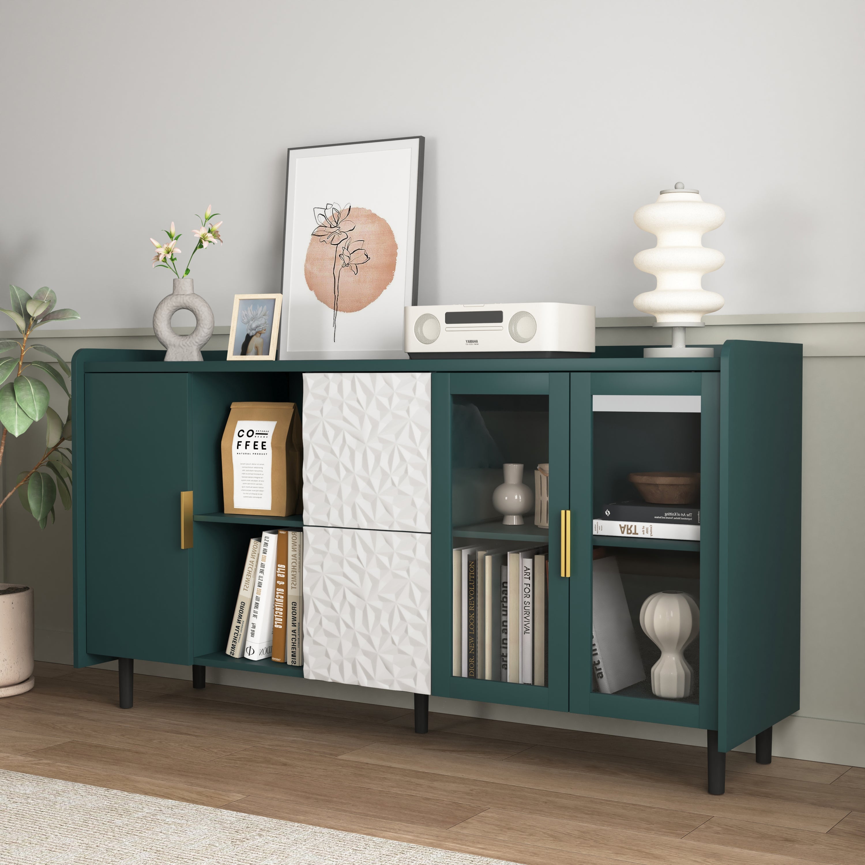 Modern Kitchen Pantry Storage Cabinet , 55" Coffee Bar Storage Cabinet with 2 Drawers, 2 Open Storage Compartment & 2 Glass Doors, Wood Buffet Table for Kitchen, Living Room, Green