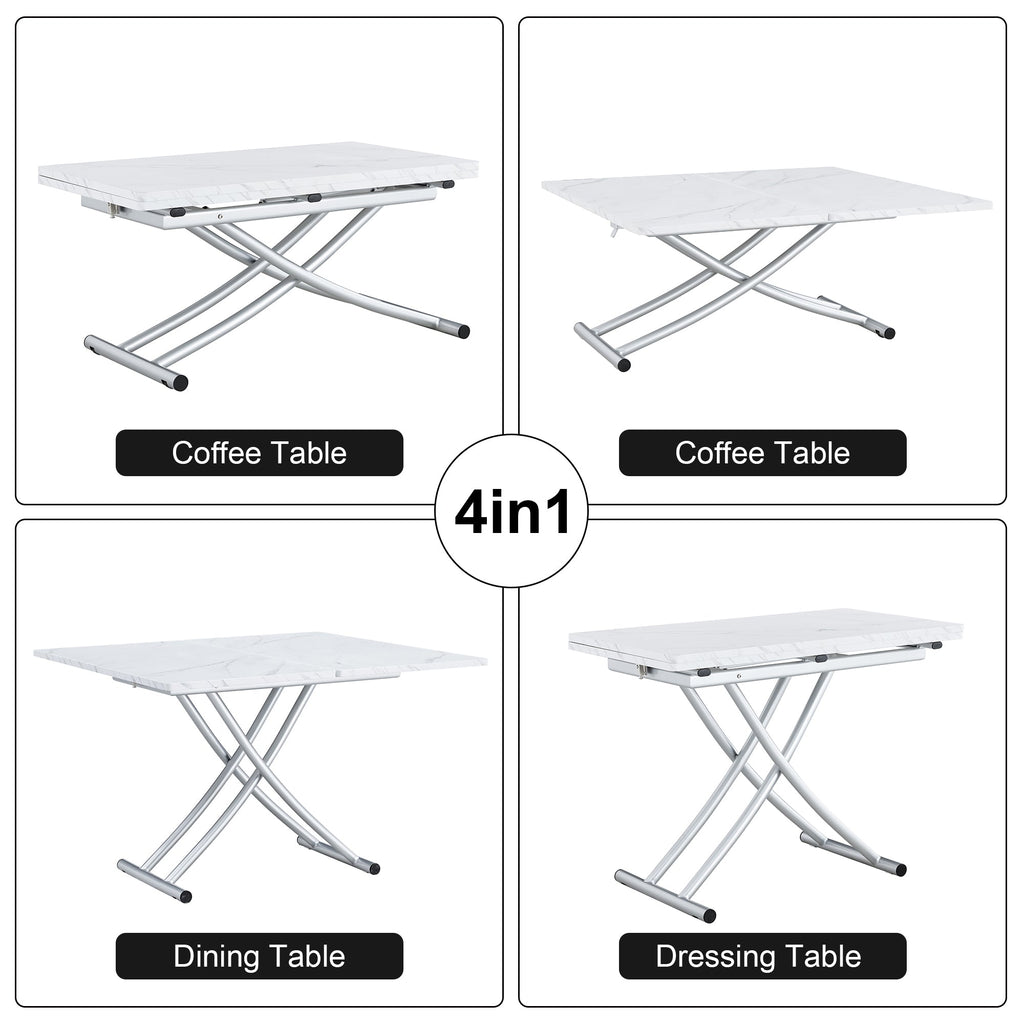 Modern minimalist multifunctional lift table with 0.8 inch MDF desktop and silver metal legs, can be used as a dressing table, coffee table, dining table, and office table
