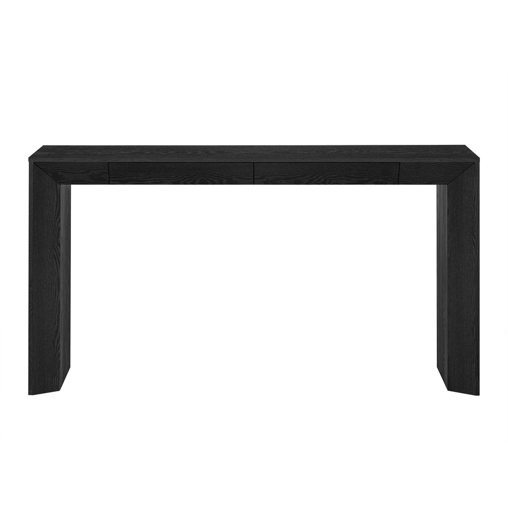 TREXM 60' Modern Farmhouse Console Table with 2 Concealed Drawers, Waterfall Design Entryway Table with Thickened Legs & Rustic Wood Grain for Living Room, Entryway & Hallway (Black)